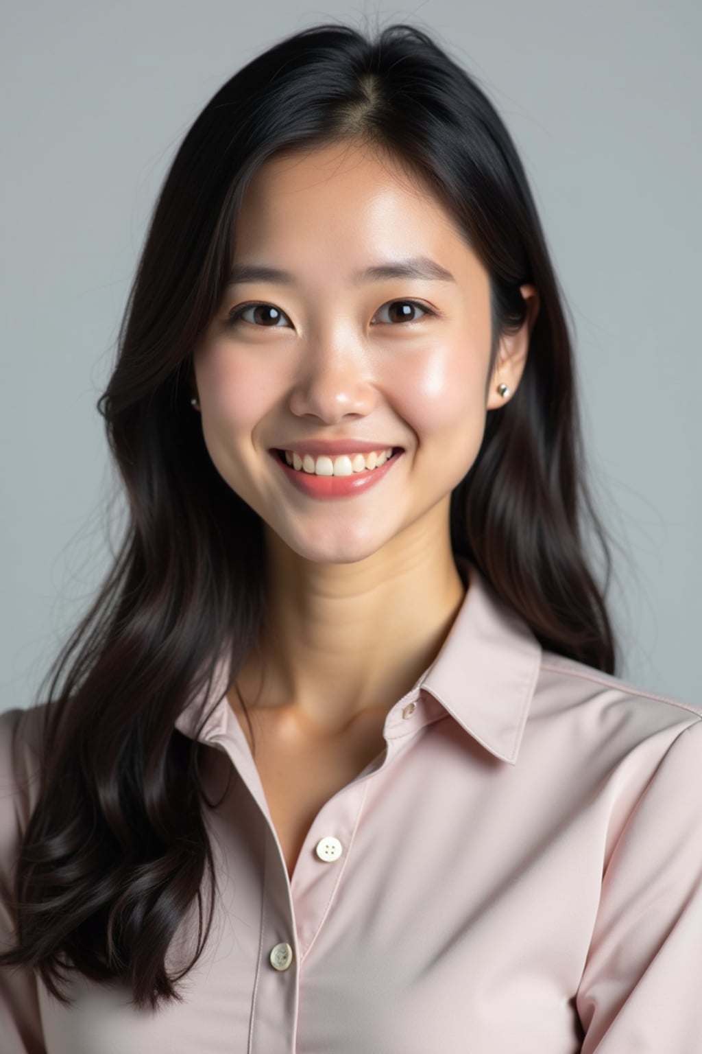 A professional teacher headshot of a friendly woman, taken in a well-lit studio with a plain backdrop. The woman is dressed in a smart, professional blouse with natural makeup and a warm smile . The lighting is soft and even, highlighting their facial features with an approachable and kind expression. The focus is sharp, capturing the woman's eyes and genuine smile, creating a perfect headshot for school websites and professional profiles.