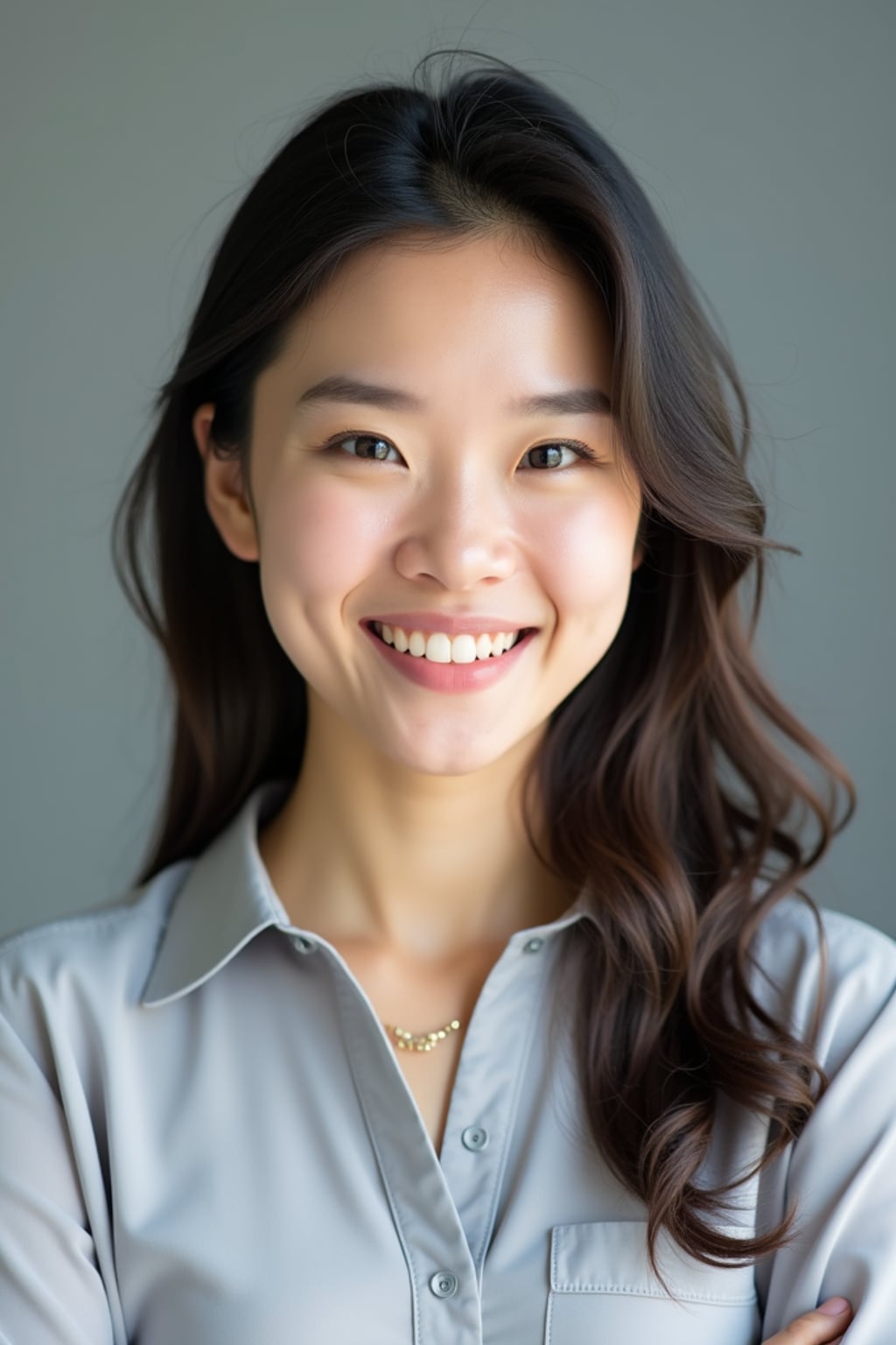 A professional teacher headshot of a friendly woman, taken in a well-lit studio with a plain backdrop. The woman is dressed in a smart, professional blouse with natural makeup and a warm smile . The lighting is soft and even, highlighting their facial features with an approachable and kind expression. The focus is sharp, capturing the woman's eyes and genuine smile, creating a perfect headshot for school websites and professional profiles.