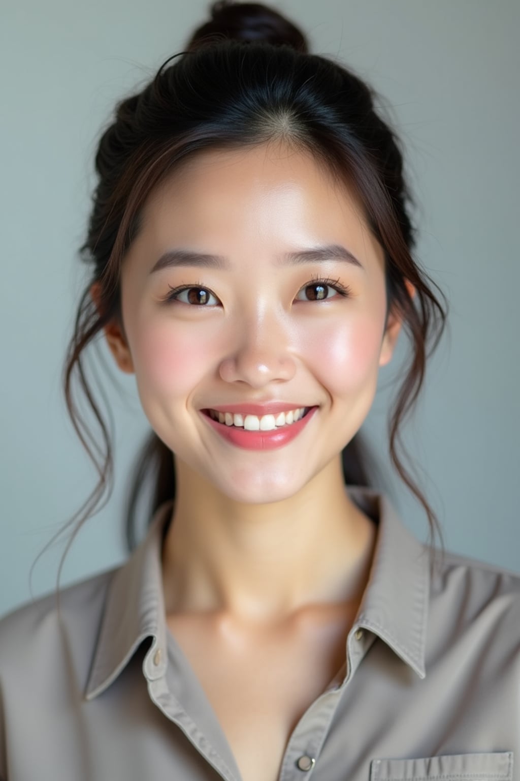 A professional teacher headshot of a friendly woman, taken in a well-lit studio with a plain backdrop. The woman is dressed in a smart, professional blouse with natural makeup and a warm smile . The lighting is soft and even, highlighting their facial features with an approachable and kind expression. The focus is sharp, capturing the woman's eyes and genuine smile, creating a perfect headshot for school websites and professional profiles.