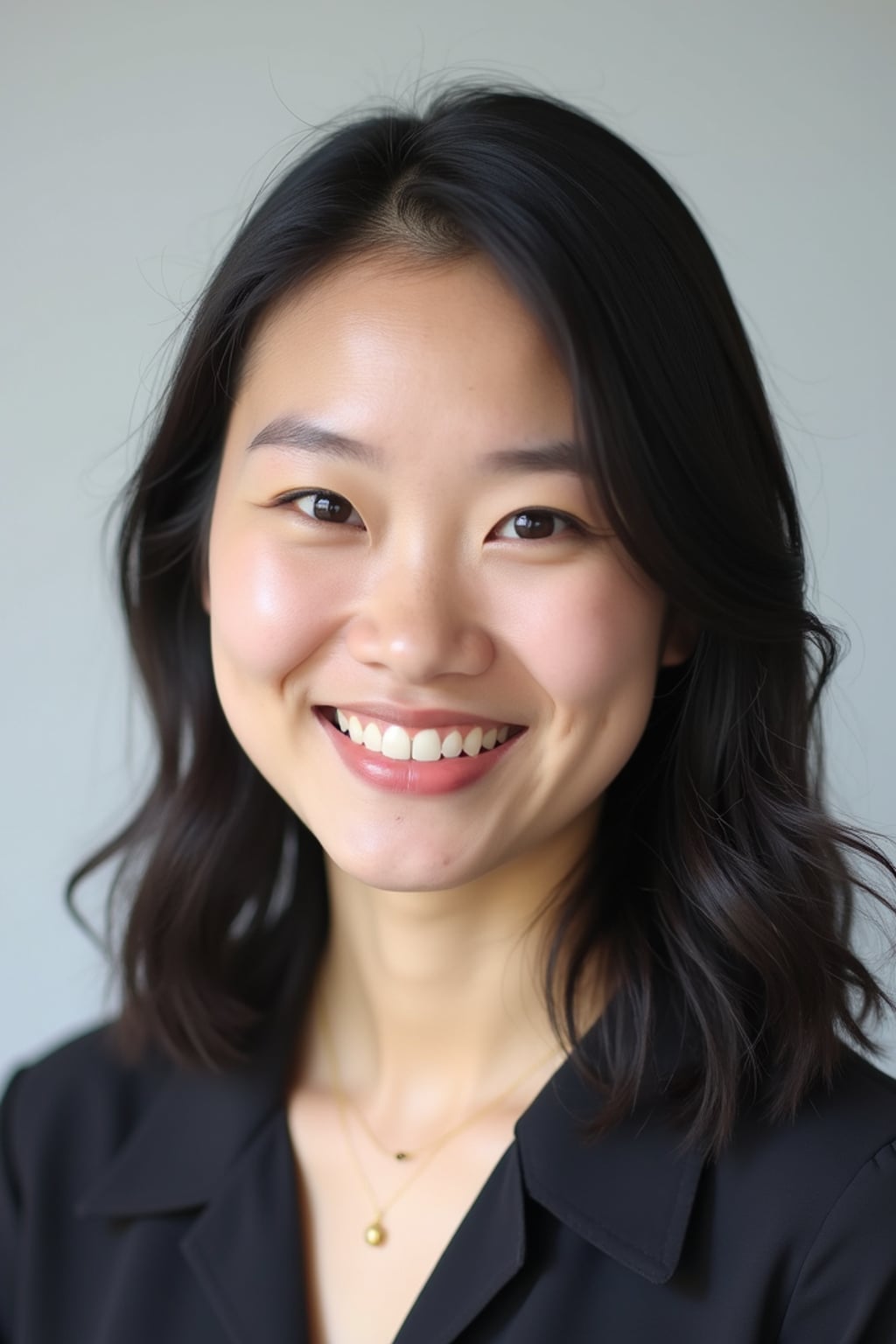 A professional teacher headshot of a friendly woman, taken in a well-lit studio with a plain backdrop. The woman is dressed in a smart, professional blouse with natural makeup and a warm smile . The lighting is soft and even, highlighting their facial features with an approachable and kind expression. The focus is sharp, capturing the woman's eyes and genuine smile, creating a perfect headshot for school websites and professional profiles.