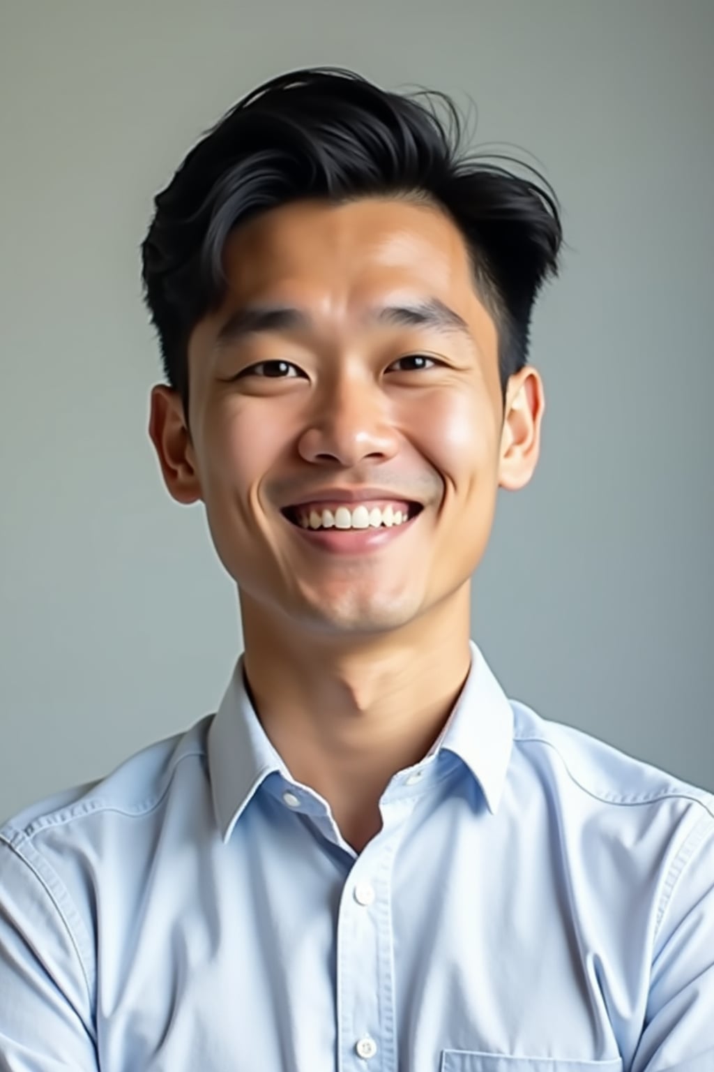 A professional teacher headshot of a friendly man, taken in a well-lit studio with a plain backdrop. The man is dressed in  a neat, collared shirt with a welcoming expression. The lighting is soft and even, highlighting their facial features with an approachable and kind expression. The focus is sharp, capturing the man's eyes and genuine smile, creating a perfect headshot for school websites and professional profiles.