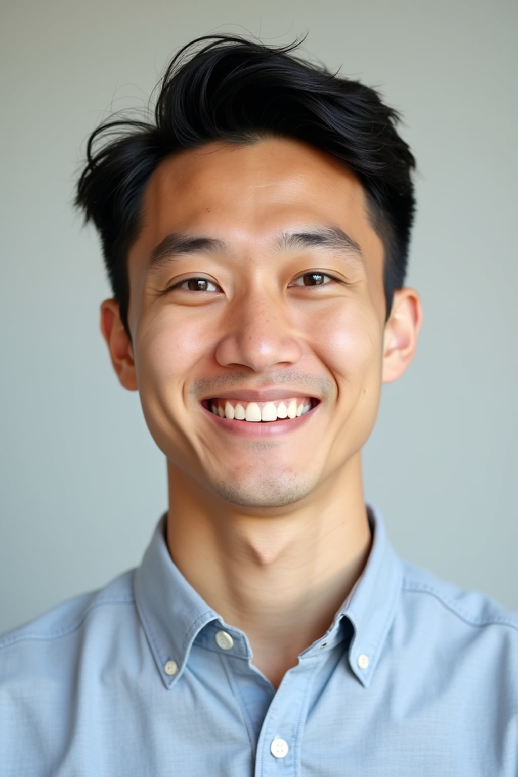 A professional teacher headshot of a friendly man, taken in a well-lit studio with a plain backdrop. The man is dressed in  a neat, collared shirt with a welcoming expression. The lighting is soft and even, highlighting their facial features with an approachable and kind expression. The focus is sharp, capturing the man's eyes and genuine smile, creating a perfect headshot for school websites and professional profiles.