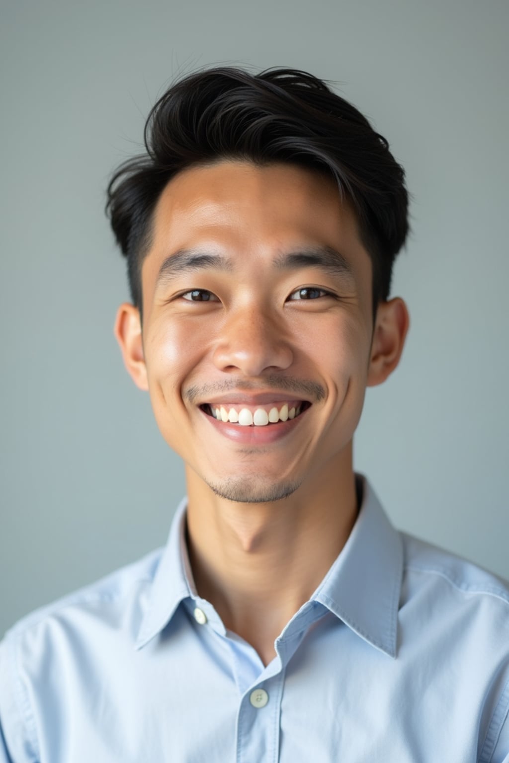 A professional teacher headshot of a friendly man, taken in a well-lit studio with a plain backdrop. The man is dressed in  a neat, collared shirt with a welcoming expression. The lighting is soft and even, highlighting their facial features with an approachable and kind expression. The focus is sharp, capturing the man's eyes and genuine smile, creating a perfect headshot for school websites and professional profiles.