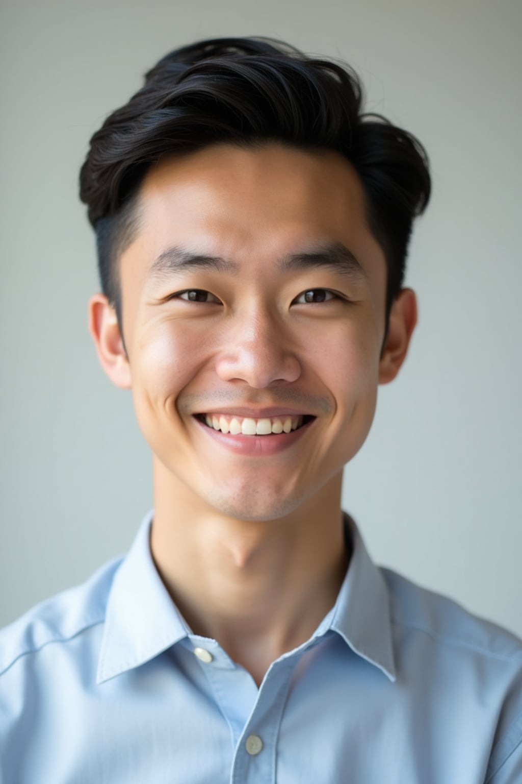 A professional teacher headshot of a friendly man, taken in a well-lit studio with a plain backdrop. The man is dressed in  a neat, collared shirt with a welcoming expression. The lighting is soft and even, highlighting their facial features with an approachable and kind expression. The focus is sharp, capturing the man's eyes and genuine smile, creating a perfect headshot for school websites and professional profiles.
