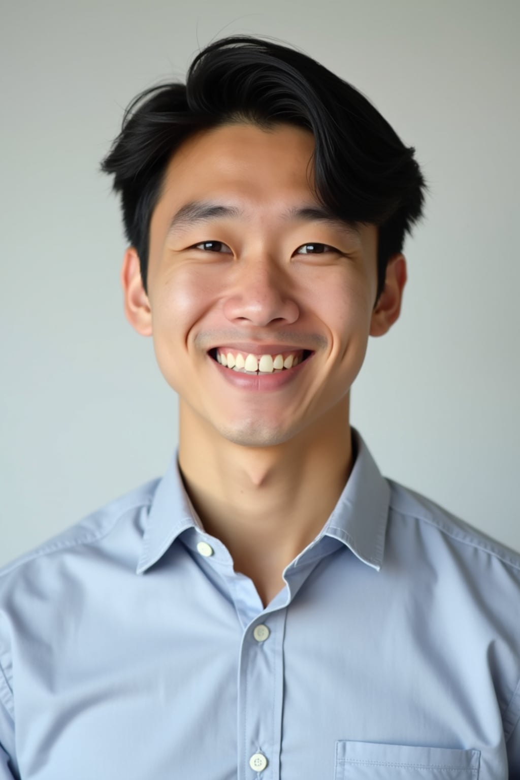 A professional teacher headshot of a friendly man, taken in a well-lit studio with a plain backdrop. The man is dressed in  a neat, collared shirt with a welcoming expression. The lighting is soft and even, highlighting their facial features with an approachable and kind expression. The focus is sharp, capturing the man's eyes and genuine smile, creating a perfect headshot for school websites and professional profiles.