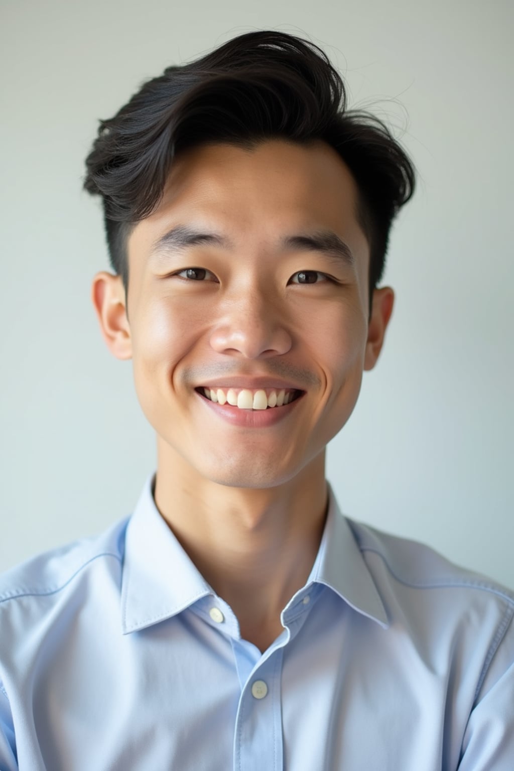 A professional teacher headshot of a friendly man, taken in a well-lit studio with a plain backdrop. The man is dressed in  a neat, collared shirt with a welcoming expression. The lighting is soft and even, highlighting their facial features with an approachable and kind expression. The focus is sharp, capturing the man's eyes and genuine smile, creating a perfect headshot for school websites and professional profiles.