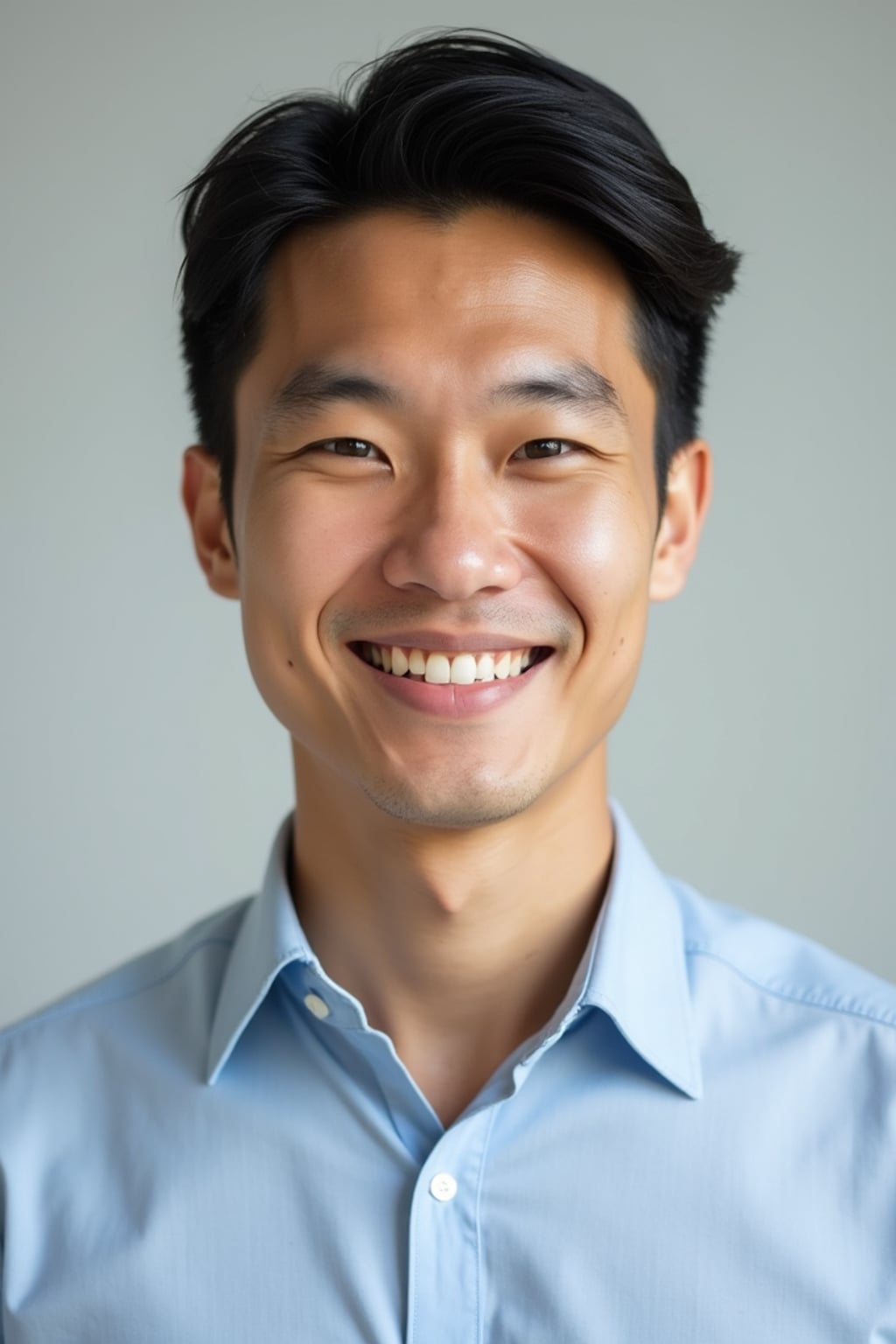A professional teacher headshot of a friendly man, taken in a well-lit studio with a plain backdrop. The man is dressed in  a neat, collared shirt with a welcoming expression. The lighting is soft and even, highlighting their facial features with an approachable and kind expression. The focus is sharp, capturing the man's eyes and genuine smile, creating a perfect headshot for school websites and professional profiles.