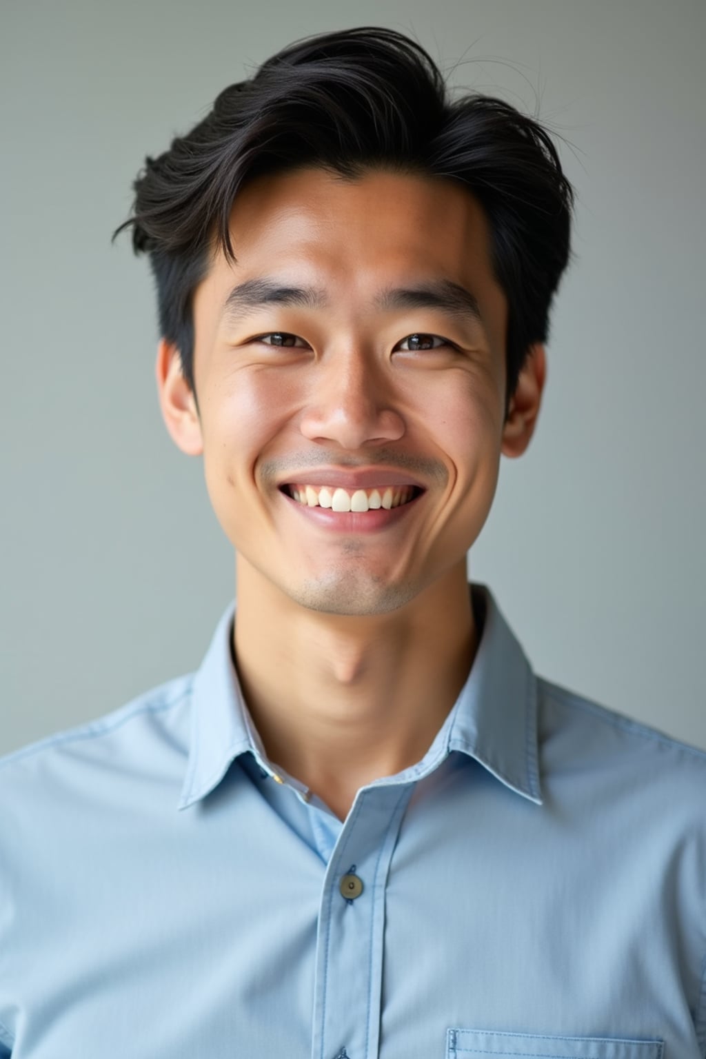 A professional teacher headshot of a friendly man, taken in a well-lit studio with a plain backdrop. The man is dressed in  a neat, collared shirt with a welcoming expression. The lighting is soft and even, highlighting their facial features with an approachable and kind expression. The focus is sharp, capturing the man's eyes and genuine smile, creating a perfect headshot for school websites and professional profiles.