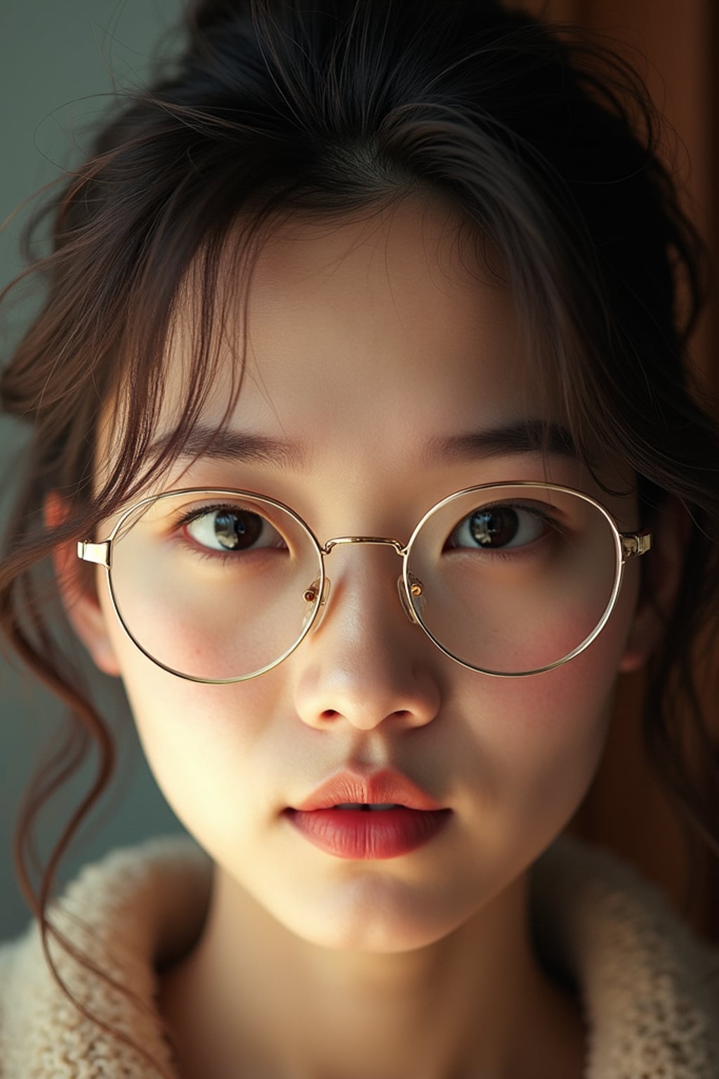 extreme close up portrait of woman with gold rimmed glasses