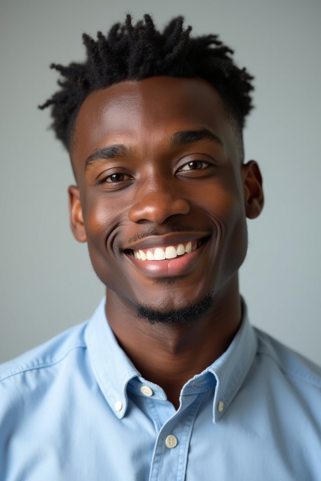 A professional teacher headshot of a friendly man, taken in a well-lit studio with a plain backdrop. The man is dressed in  a neat, collared shirt with a welcoming expression. The lighting is soft and even, highlighting their facial features with an approachable and kind expression. The focus is sharp, capturing the man's eyes and genuine smile, creating a perfect headshot for school websites and professional profiles.