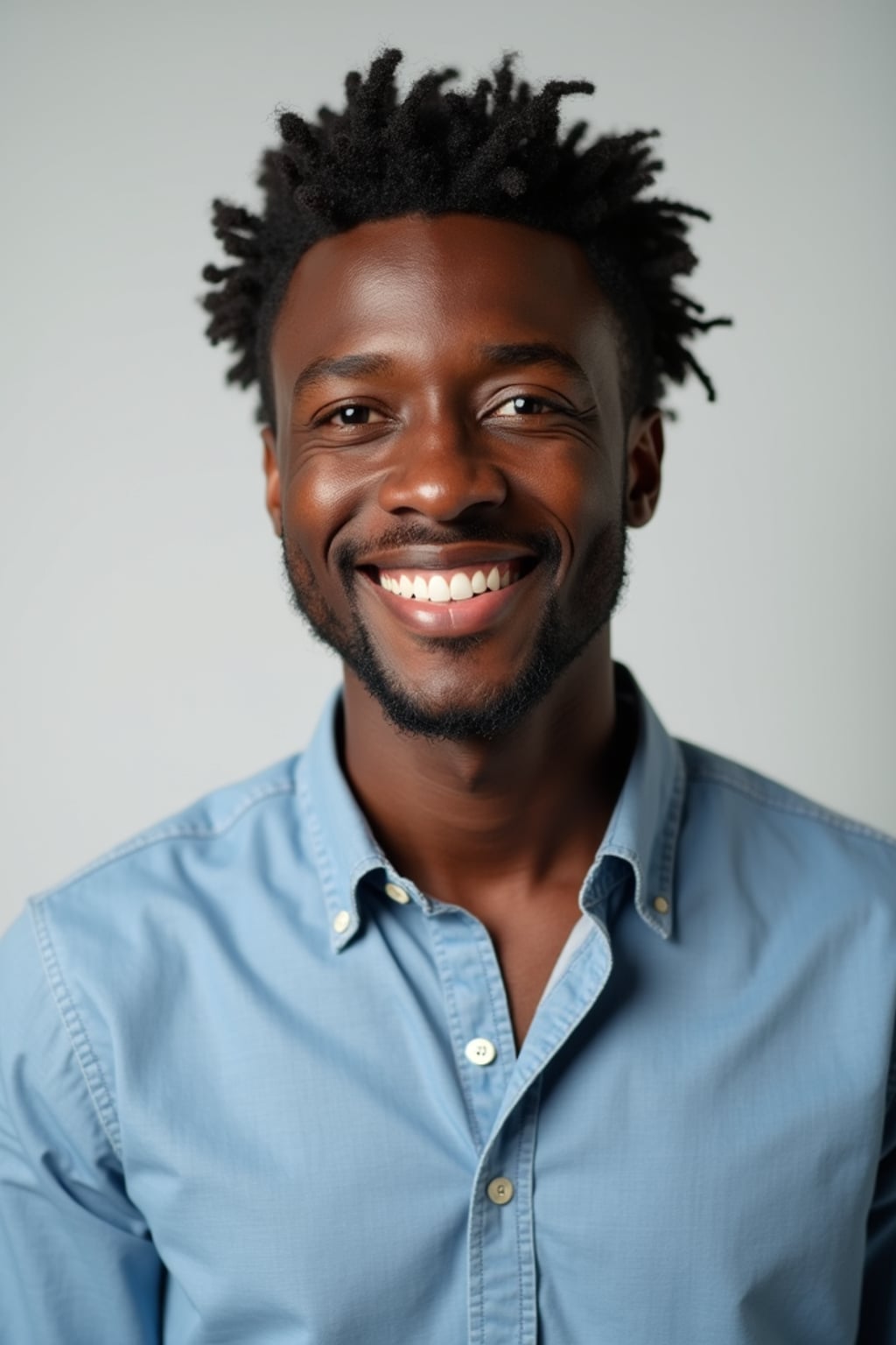A professional teacher headshot of a friendly man, taken in a well-lit studio with a plain backdrop. The man is dressed in  a neat, collared shirt with a welcoming expression. The lighting is soft and even, highlighting their facial features with an approachable and kind expression. The focus is sharp, capturing the man's eyes and genuine smile, creating a perfect headshot for school websites and professional profiles.