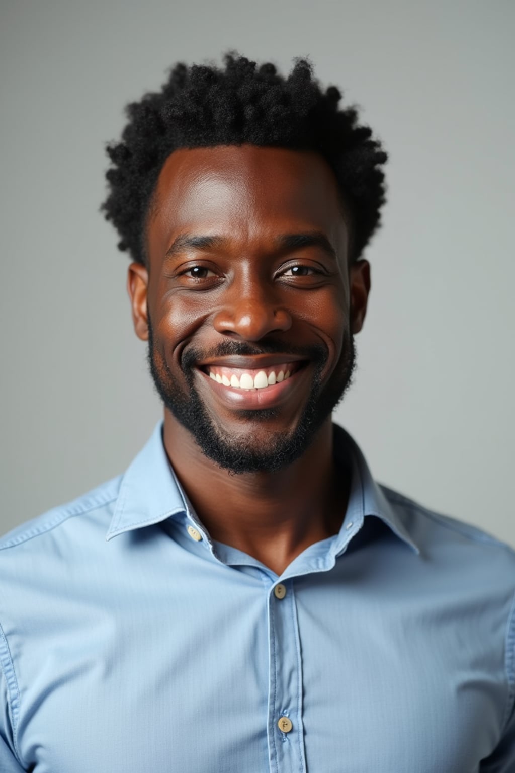 A professional teacher headshot of a friendly man, taken in a well-lit studio with a plain backdrop. The man is dressed in  a neat, collared shirt with a welcoming expression. The lighting is soft and even, highlighting their facial features with an approachable and kind expression. The focus is sharp, capturing the man's eyes and genuine smile, creating a perfect headshot for school websites and professional profiles.