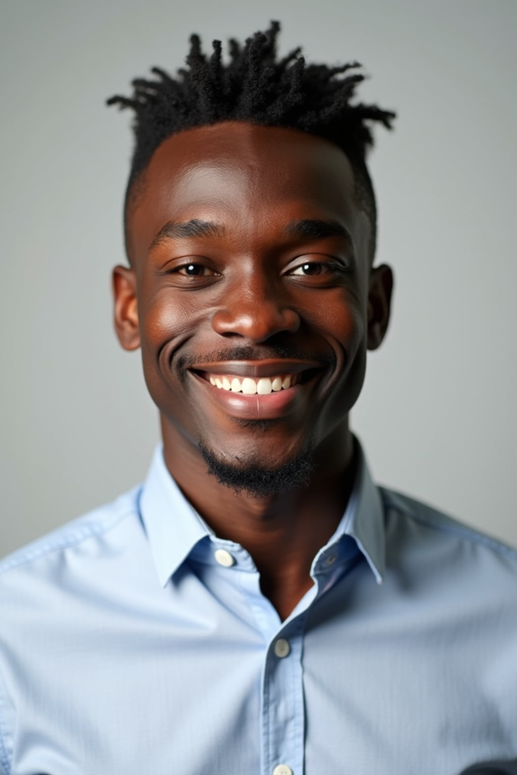 A professional teacher headshot of a friendly man, taken in a well-lit studio with a plain backdrop. The man is dressed in  a neat, collared shirt with a welcoming expression. The lighting is soft and even, highlighting their facial features with an approachable and kind expression. The focus is sharp, capturing the man's eyes and genuine smile, creating a perfect headshot for school websites and professional profiles.