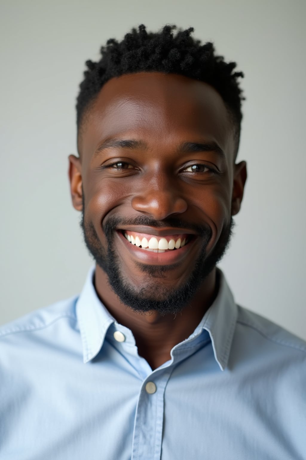 A professional teacher headshot of a friendly man, taken in a well-lit studio with a plain backdrop. The man is dressed in  a neat, collared shirt with a welcoming expression. The lighting is soft and even, highlighting their facial features with an approachable and kind expression. The focus is sharp, capturing the man's eyes and genuine smile, creating a perfect headshot for school websites and professional profiles.