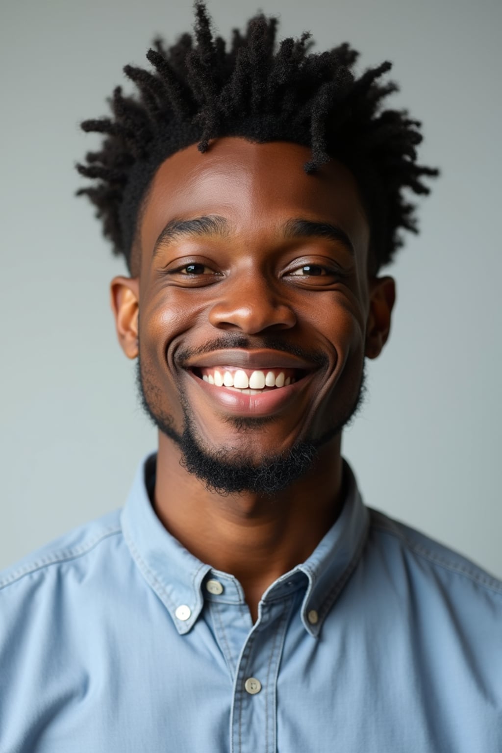 A professional teacher headshot of a friendly man, taken in a well-lit studio with a plain backdrop. The man is dressed in  a neat, collared shirt with a welcoming expression. The lighting is soft and even, highlighting their facial features with an approachable and kind expression. The focus is sharp, capturing the man's eyes and genuine smile, creating a perfect headshot for school websites and professional profiles.