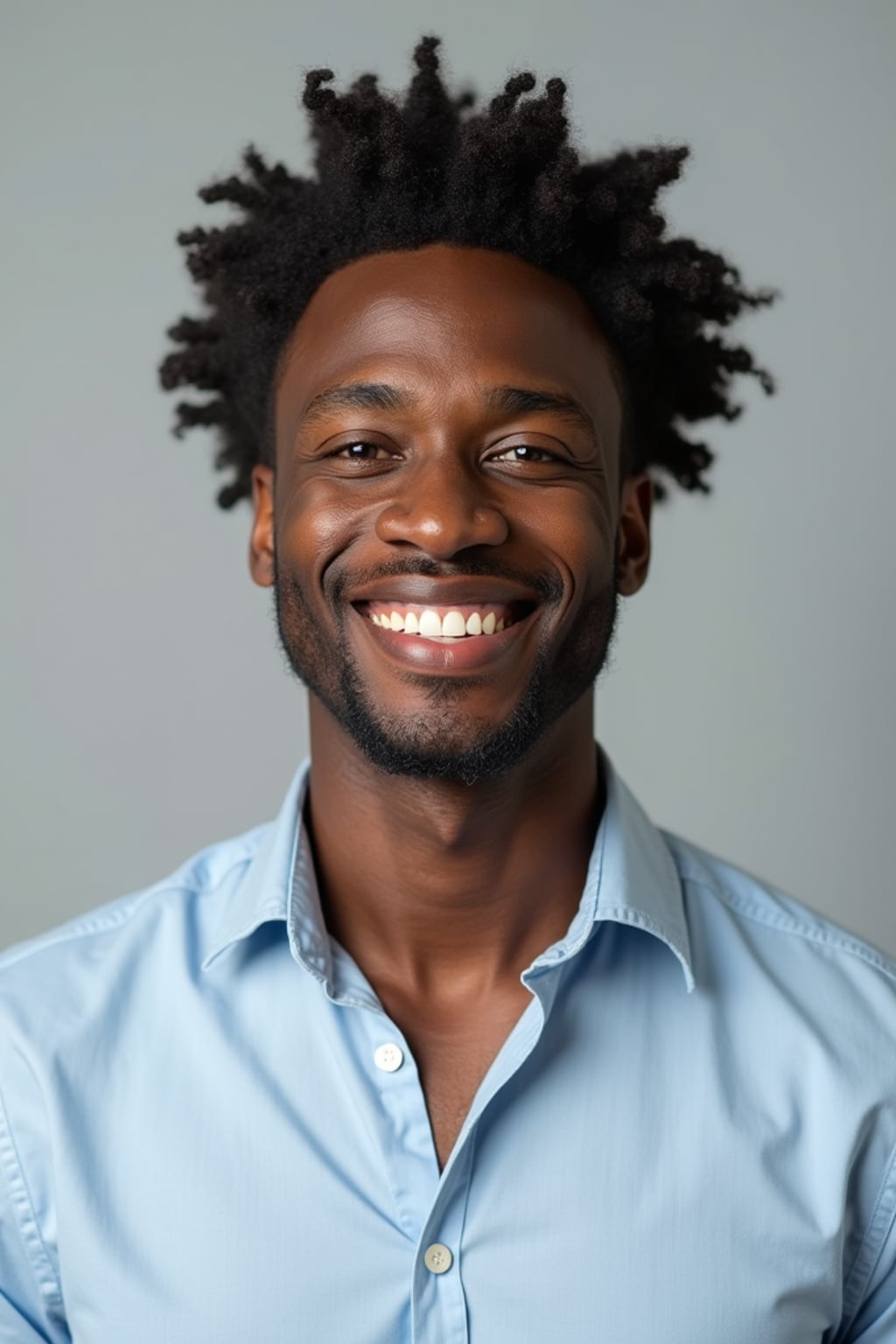 A professional teacher headshot of a friendly man, taken in a well-lit studio with a plain backdrop. The man is dressed in  a neat, collared shirt with a welcoming expression. The lighting is soft and even, highlighting their facial features with an approachable and kind expression. The focus is sharp, capturing the man's eyes and genuine smile, creating a perfect headshot for school websites and professional profiles.