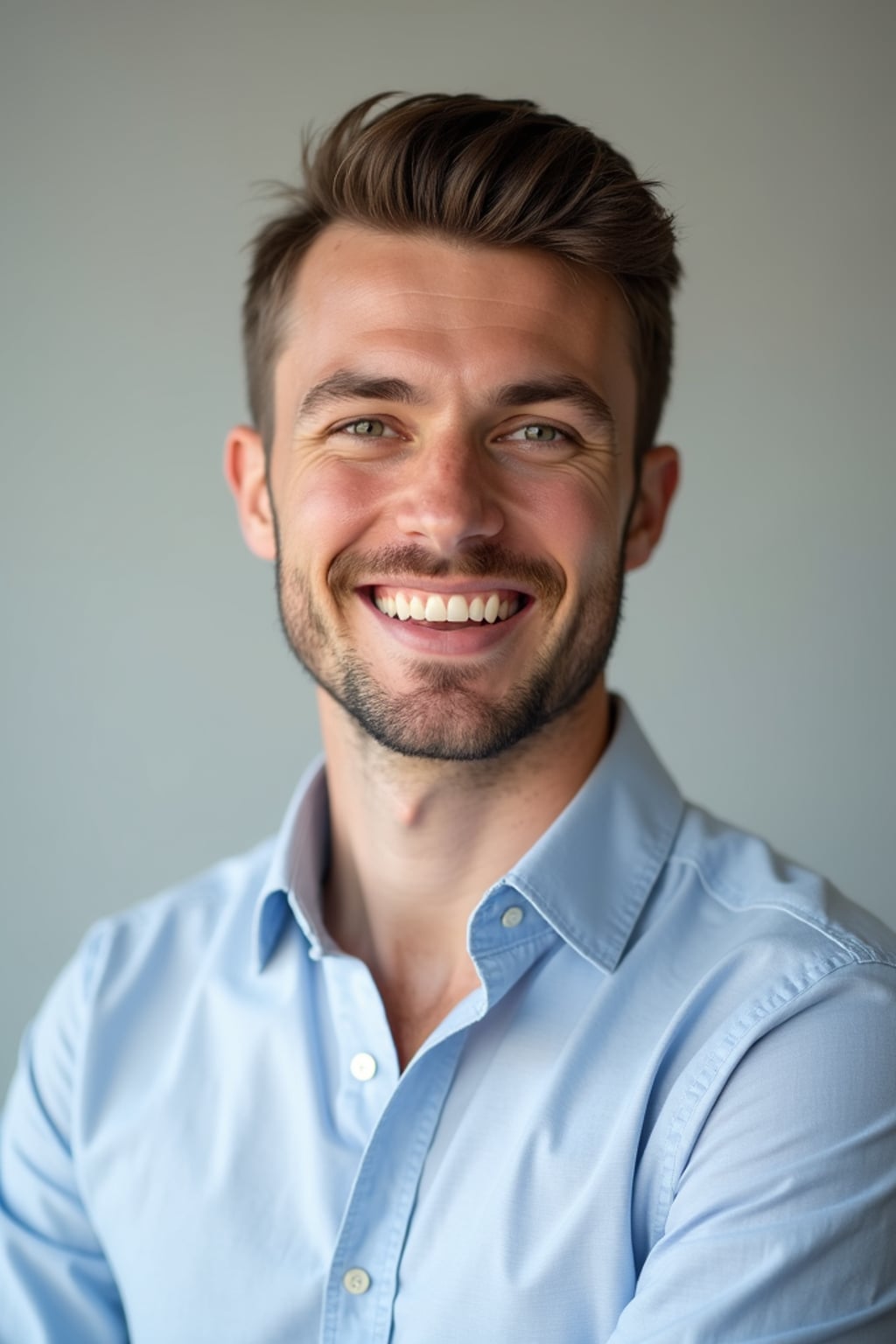 A professional teacher headshot of a friendly man, taken in a well-lit studio with a plain backdrop. The man is dressed in  a neat, collared shirt with a welcoming expression. The lighting is soft and even, highlighting their facial features with an approachable and kind expression. The focus is sharp, capturing the man's eyes and genuine smile, creating a perfect headshot for school websites and professional profiles.