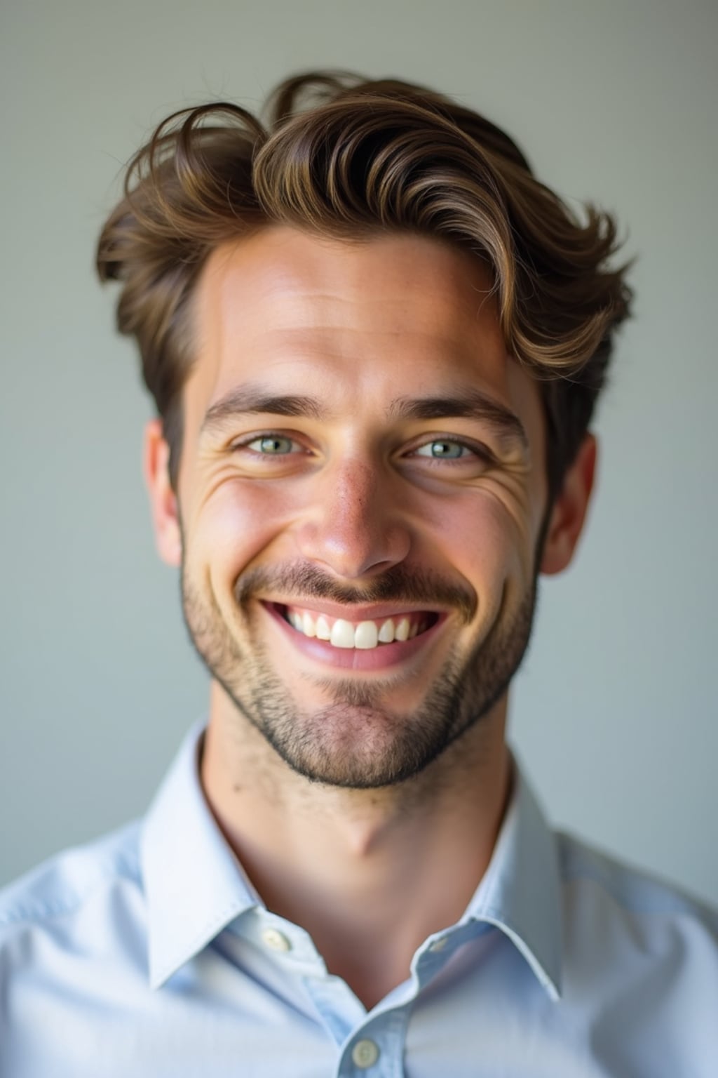 A professional teacher headshot of a friendly man, taken in a well-lit studio with a plain backdrop. The man is dressed in  a neat, collared shirt with a welcoming expression. The lighting is soft and even, highlighting their facial features with an approachable and kind expression. The focus is sharp, capturing the man's eyes and genuine smile, creating a perfect headshot for school websites and professional profiles.