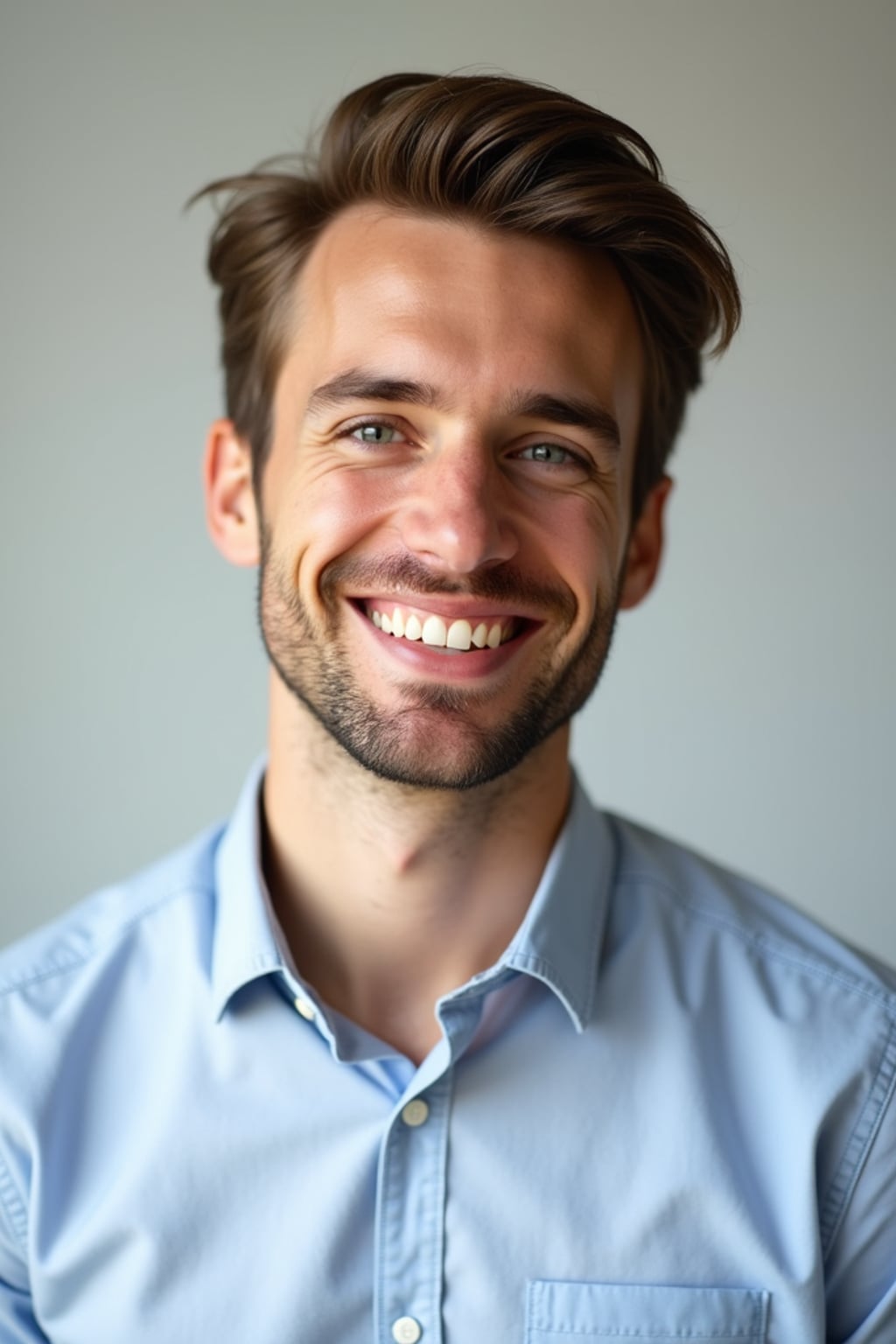 A professional teacher headshot of a friendly man, taken in a well-lit studio with a plain backdrop. The man is dressed in  a neat, collared shirt with a welcoming expression. The lighting is soft and even, highlighting their facial features with an approachable and kind expression. The focus is sharp, capturing the man's eyes and genuine smile, creating a perfect headshot for school websites and professional profiles.