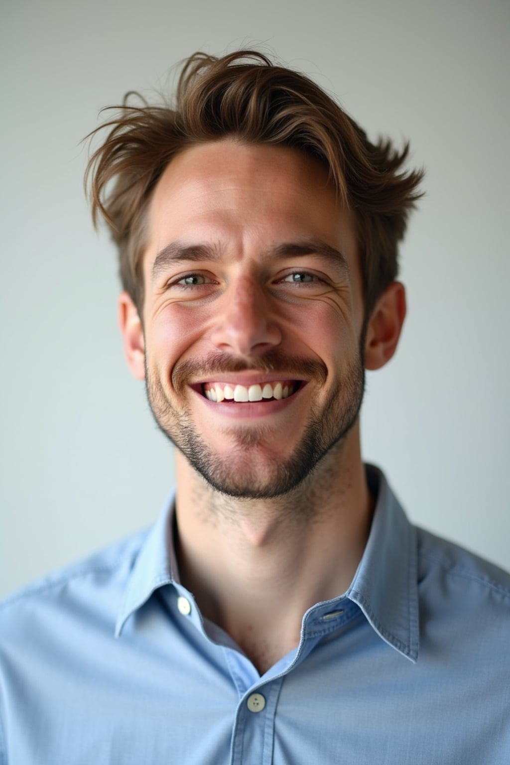 A professional teacher headshot of a friendly man, taken in a well-lit studio with a plain backdrop. The man is dressed in  a neat, collared shirt with a welcoming expression. The lighting is soft and even, highlighting their facial features with an approachable and kind expression. The focus is sharp, capturing the man's eyes and genuine smile, creating a perfect headshot for school websites and professional profiles.