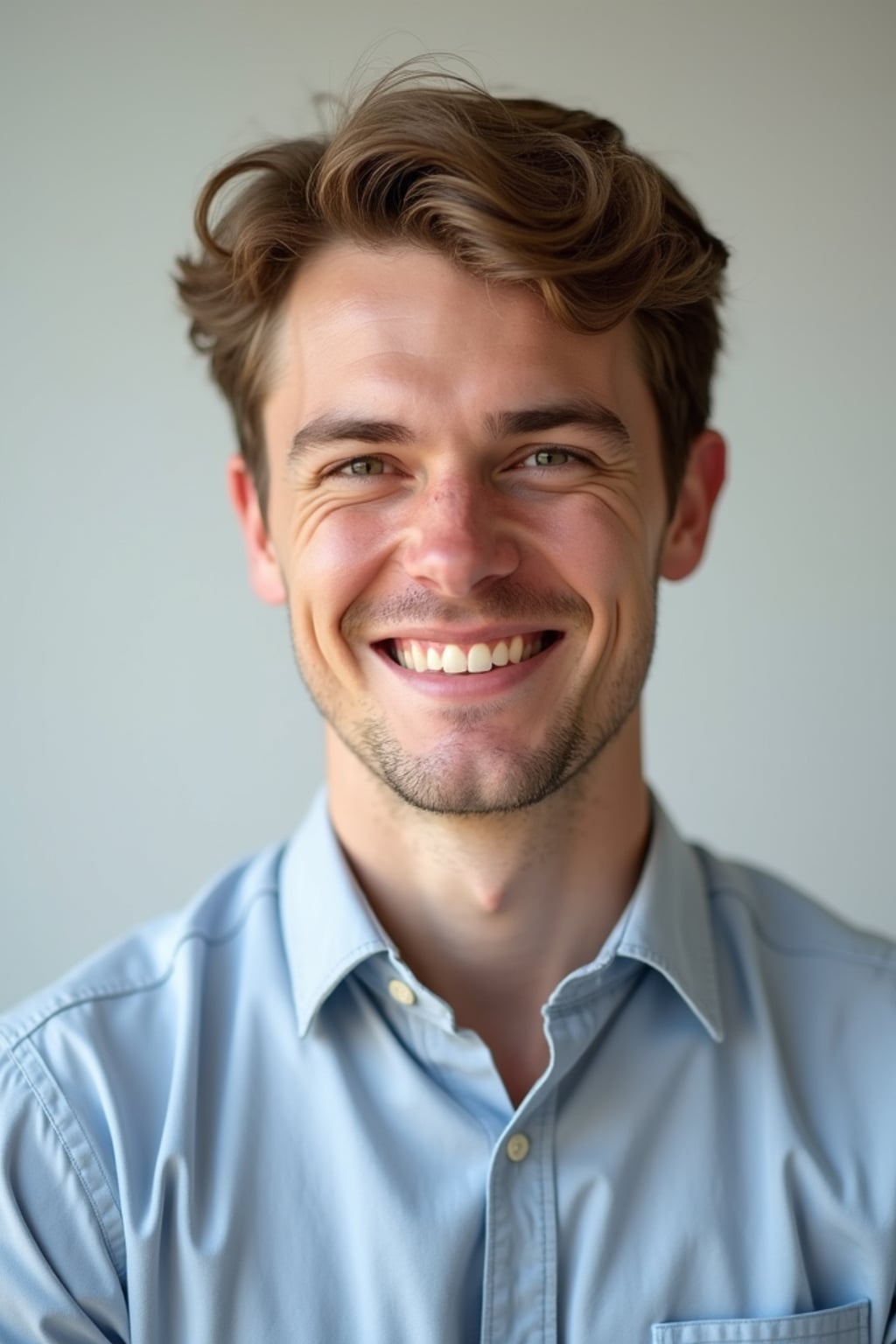 A professional teacher headshot of a friendly man, taken in a well-lit studio with a plain backdrop. The man is dressed in  a neat, collared shirt with a welcoming expression. The lighting is soft and even, highlighting their facial features with an approachable and kind expression. The focus is sharp, capturing the man's eyes and genuine smile, creating a perfect headshot for school websites and professional profiles.