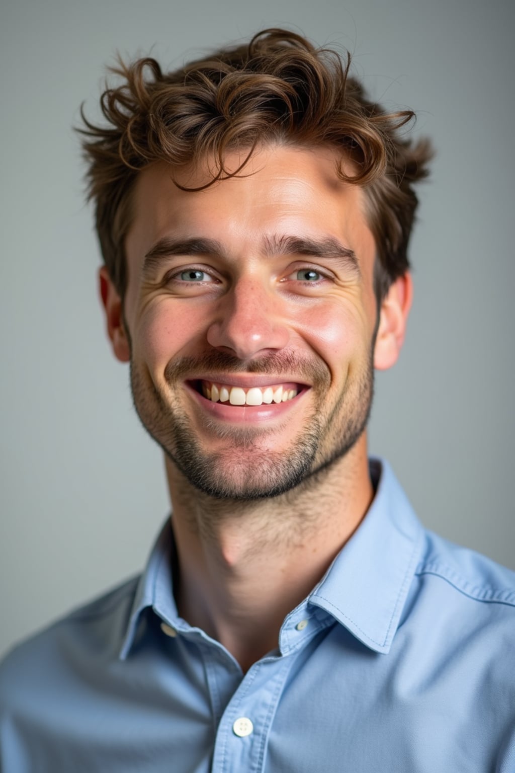 A professional teacher headshot of a friendly man, taken in a well-lit studio with a plain backdrop. The man is dressed in  a neat, collared shirt with a welcoming expression. The lighting is soft and even, highlighting their facial features with an approachable and kind expression. The focus is sharp, capturing the man's eyes and genuine smile, creating a perfect headshot for school websites and professional profiles.