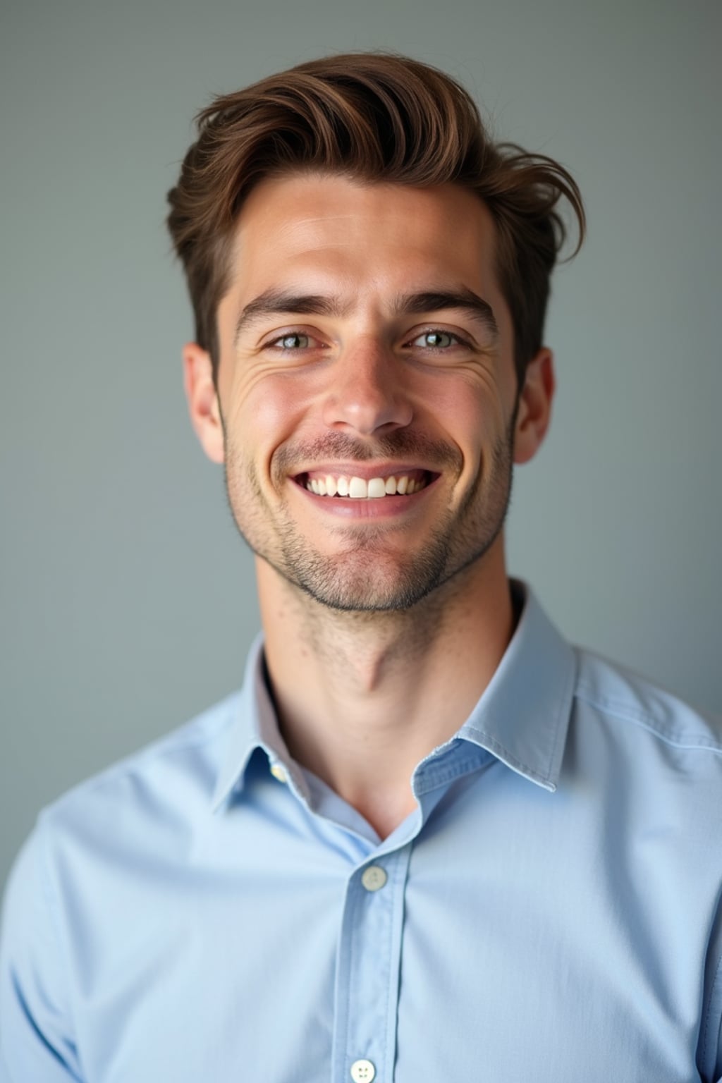 A professional teacher headshot of a friendly man, taken in a well-lit studio with a plain backdrop. The man is dressed in  a neat, collared shirt with a welcoming expression. The lighting is soft and even, highlighting their facial features with an approachable and kind expression. The focus is sharp, capturing the man's eyes and genuine smile, creating a perfect headshot for school websites and professional profiles.