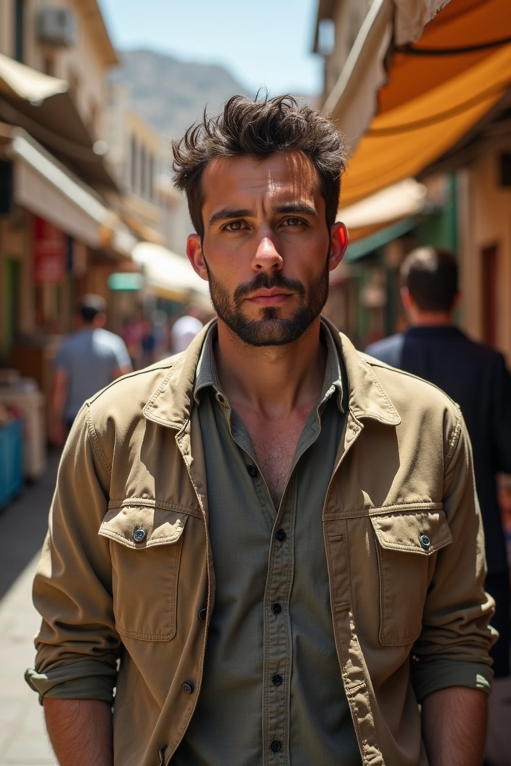 a charismatic masculine  man exploring a street market