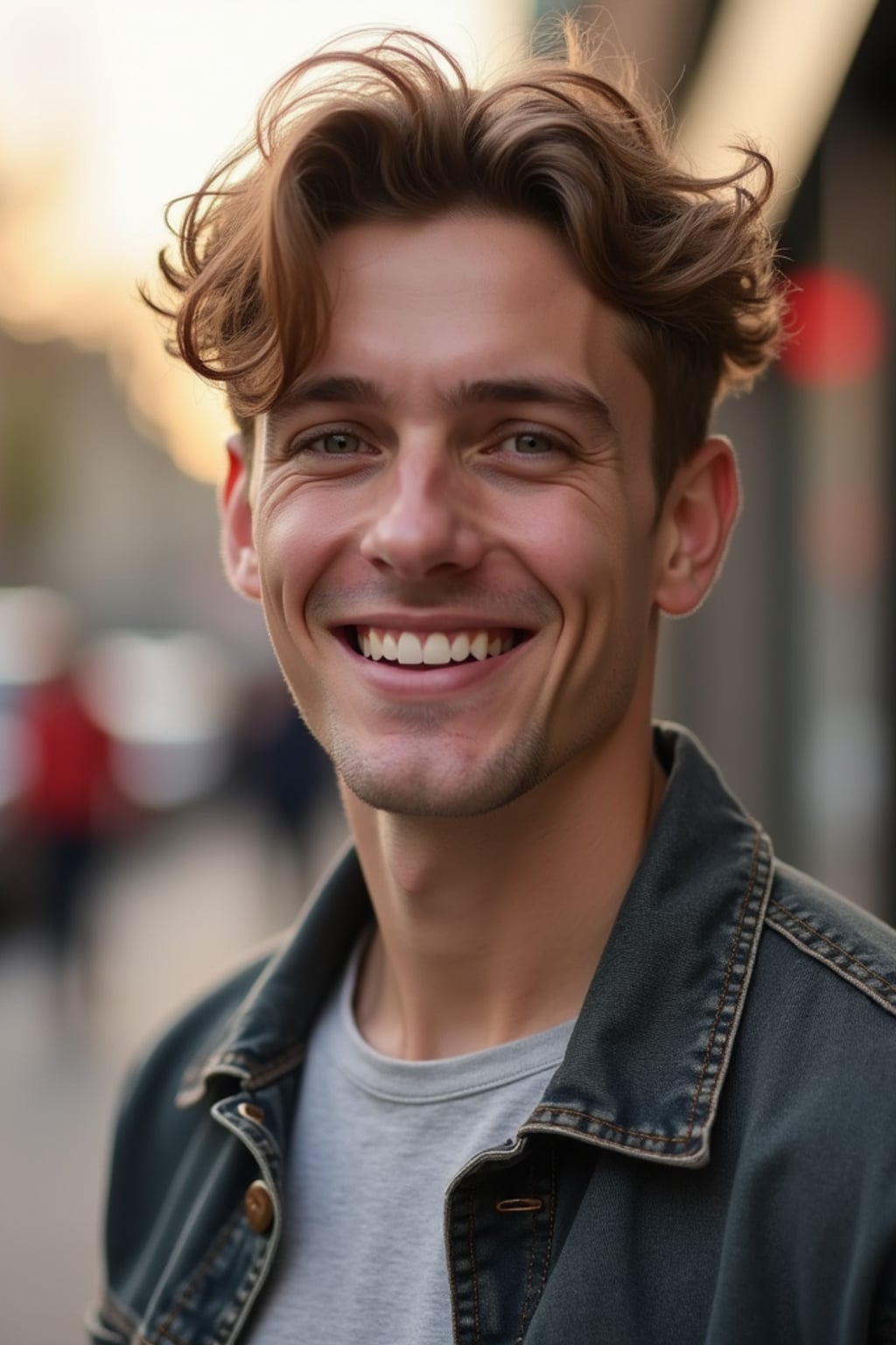 headshot of smiling man wearing casual clothes posing for dating app headshot. outdoor blurry background. the lighting is warm, possibly from a setting sun, creating a soft glow around him, enhancing the casual and relaxed vibe of the image. the setting seems to be outdoors, likely in an urban environment, with the blurred background hinting at a street or park-like area. this image likely portrays a youthful, active, and approachable individual, possibly in a lifestyle or fashion-related context.