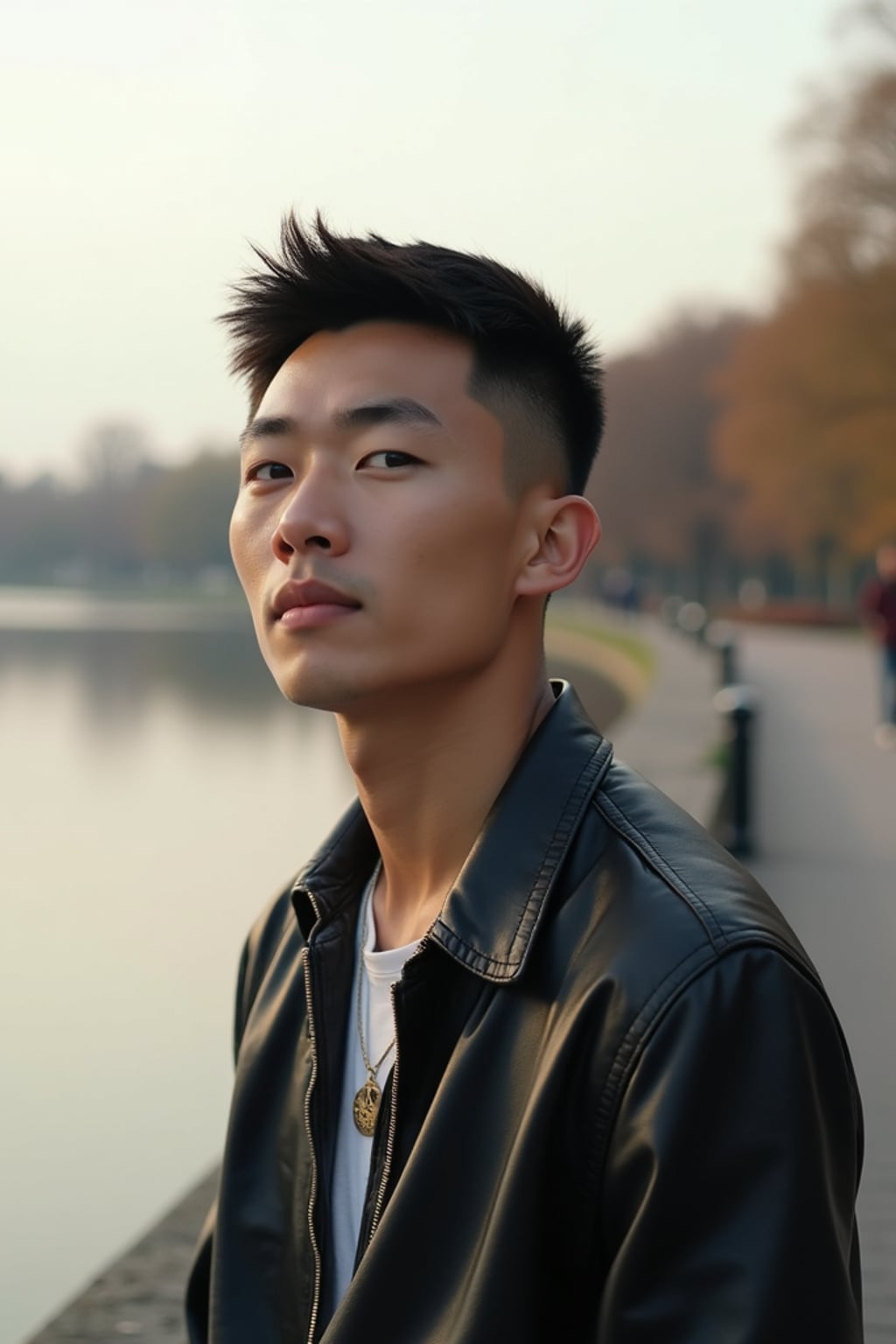a captivating masculine  man enjoying a peaceful moment by the waterfront