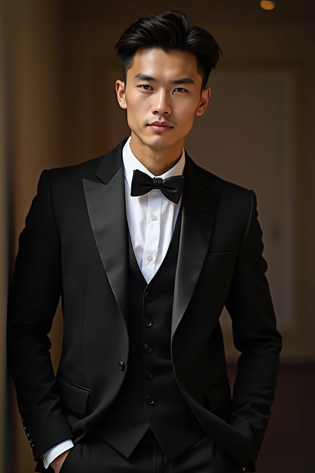 an alluring masculine  man dressed in elegant evening wear
