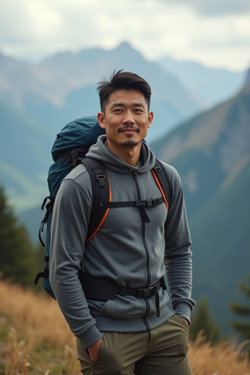 masculine  man in going hiking outdoors in mountains