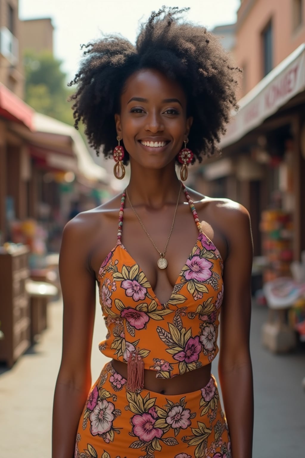 a stylish  feminine woman exploring a street market