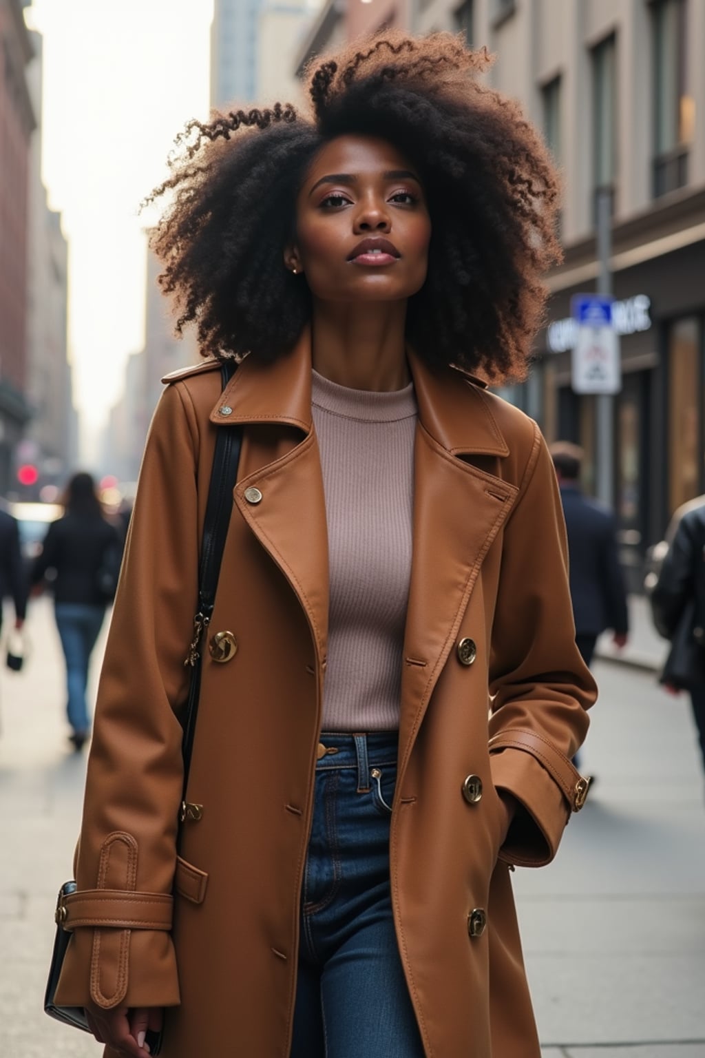 a confident  feminine woman exploring a bustling city street