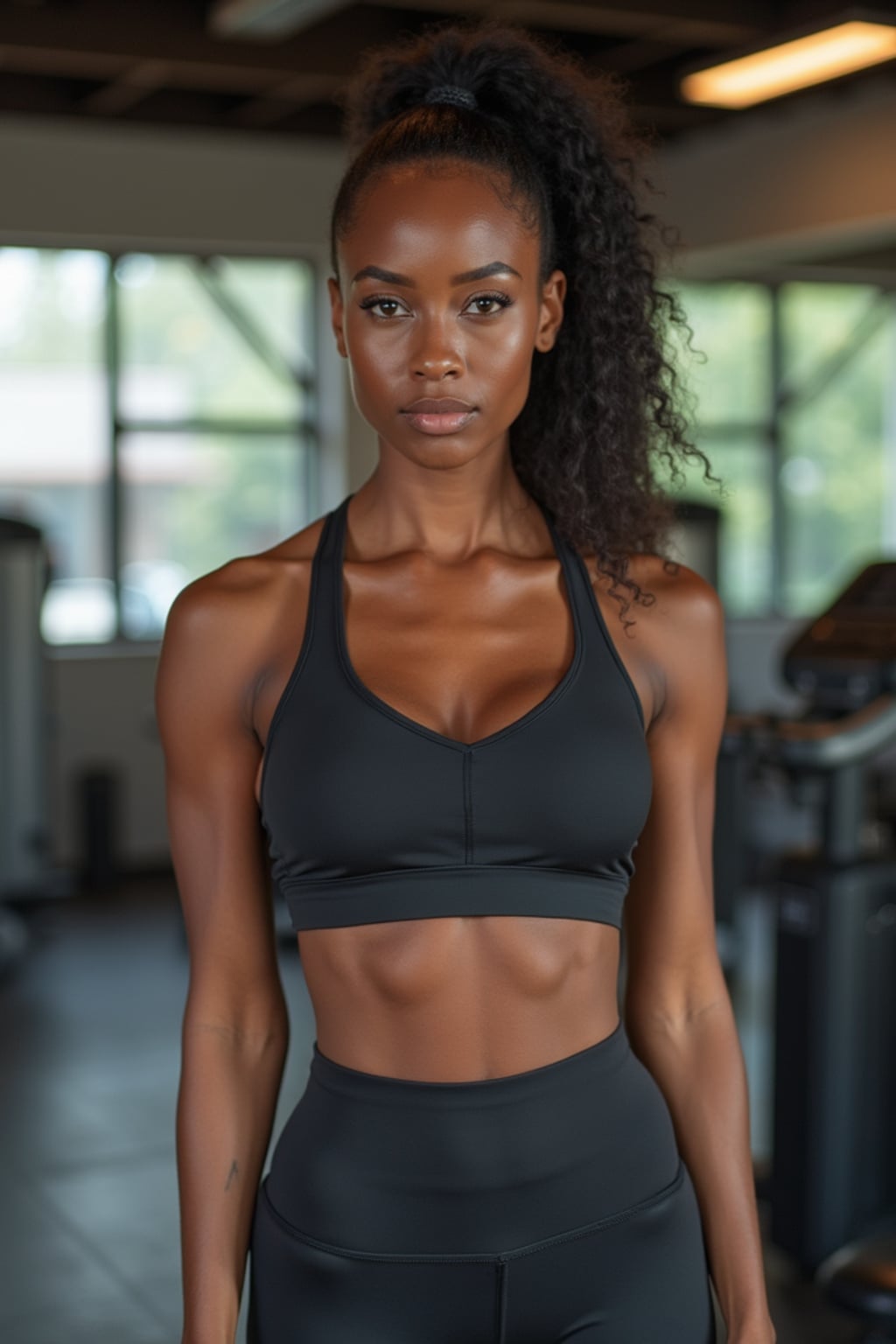 feminine woman wearing yoga pants or  and sports top in the fitness gym