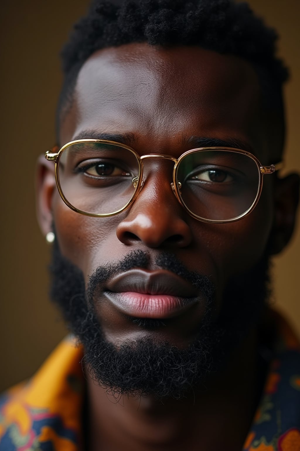 extreme close up portrait of man with gold rimmed glasses