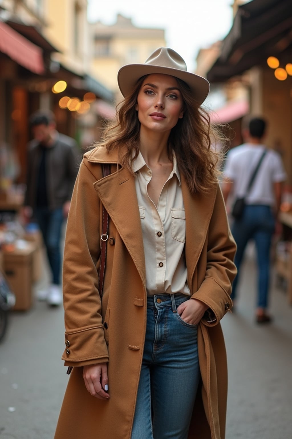 a stylish  feminine woman exploring a street market