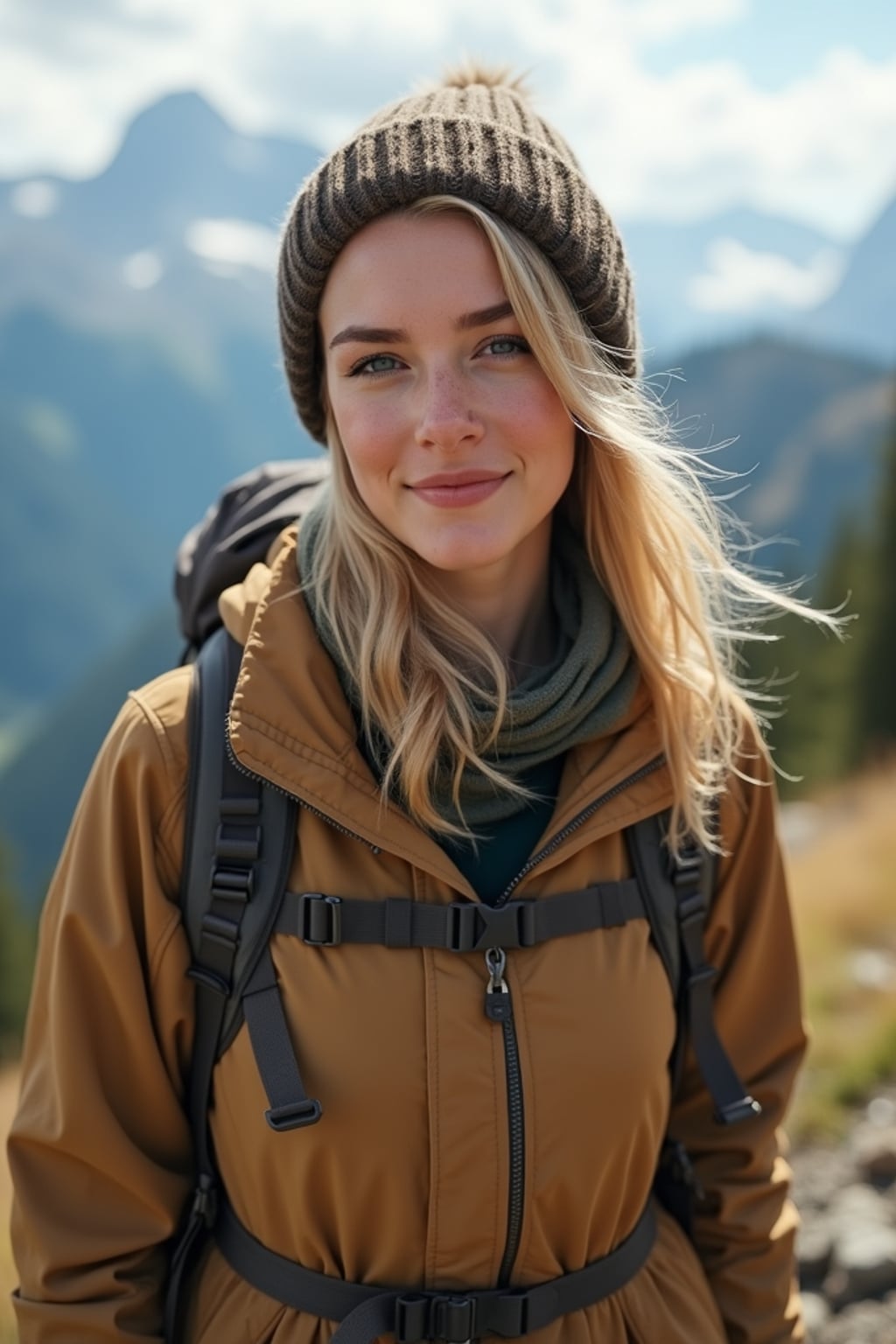 feminine woman in going hiking outdoors in mountains