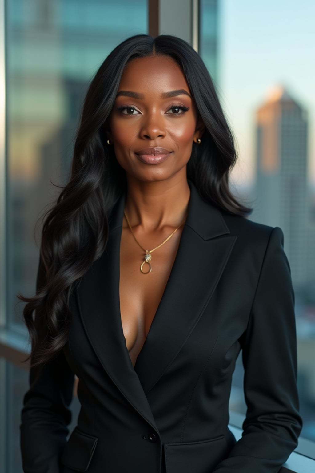 8k professional headshot of woman, crisp details, studio backdrop, executive attire, confident posture, neutral expression, high-definition, corporate setting, sharp focus, ambient lighting, business professional, cityscape view