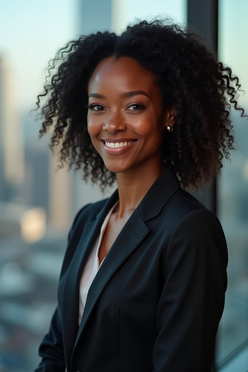 8k professional headshot of woman, crisp details, studio backdrop, executive attire, confident posture, neutral expression, high-definition, corporate setting, sharp focus, ambient lighting, business professional, cityscape view