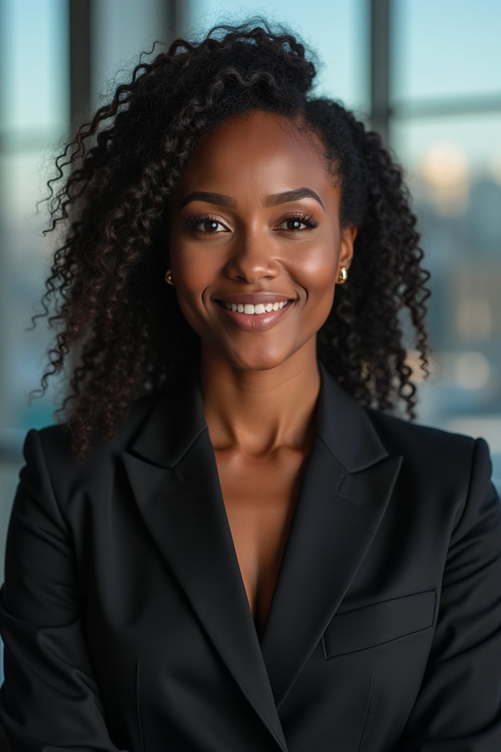8k professional headshot of woman, crisp details, studio backdrop, executive attire, confident posture, neutral expression, high-definition, corporate setting, sharp focus, ambient lighting, business professional, cityscape view