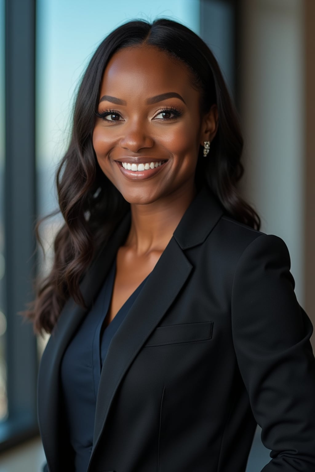 8k professional headshot of woman, crisp details, studio backdrop, executive attire, confident posture, neutral expression, high-definition, corporate setting, sharp focus, ambient lighting, business professional, cityscape view
