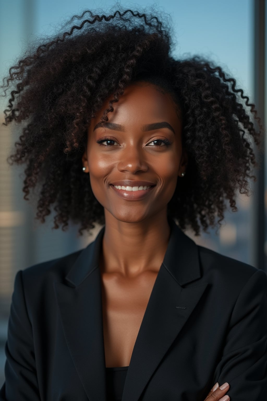 8k professional headshot of woman, crisp details, studio backdrop, executive attire, confident posture, neutral expression, high-definition, corporate setting, sharp focus, ambient lighting, business professional, cityscape view