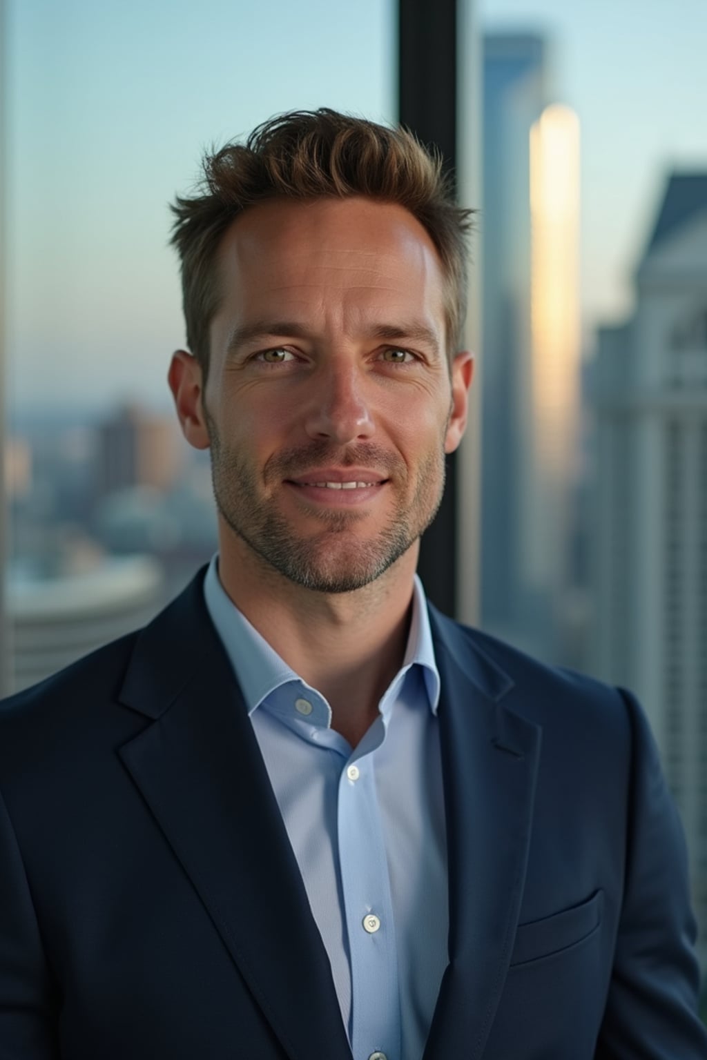 8k professional headshot of man, crisp details, studio backdrop, executive attire, confident posture, neutral expression, high-definition, corporate setting, sharp focus, ambient lighting, business professional, cityscape view