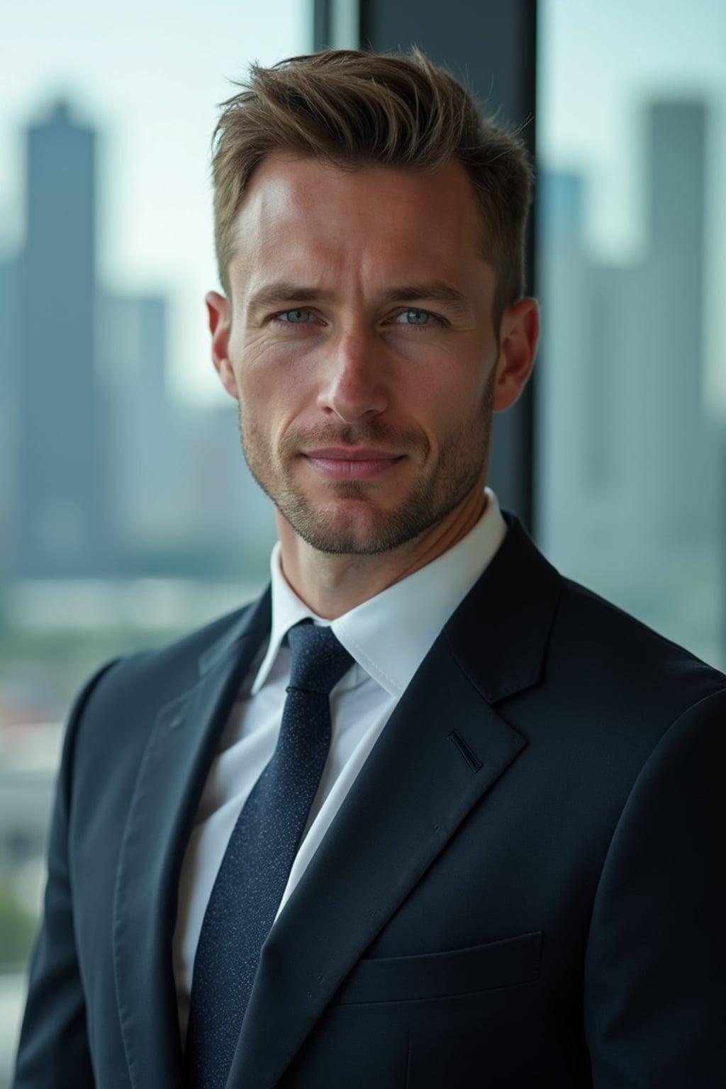 8k professional headshot of man, crisp details, studio backdrop, executive attire, confident posture, neutral expression, high-definition, corporate setting, sharp focus, ambient lighting, business professional, cityscape view