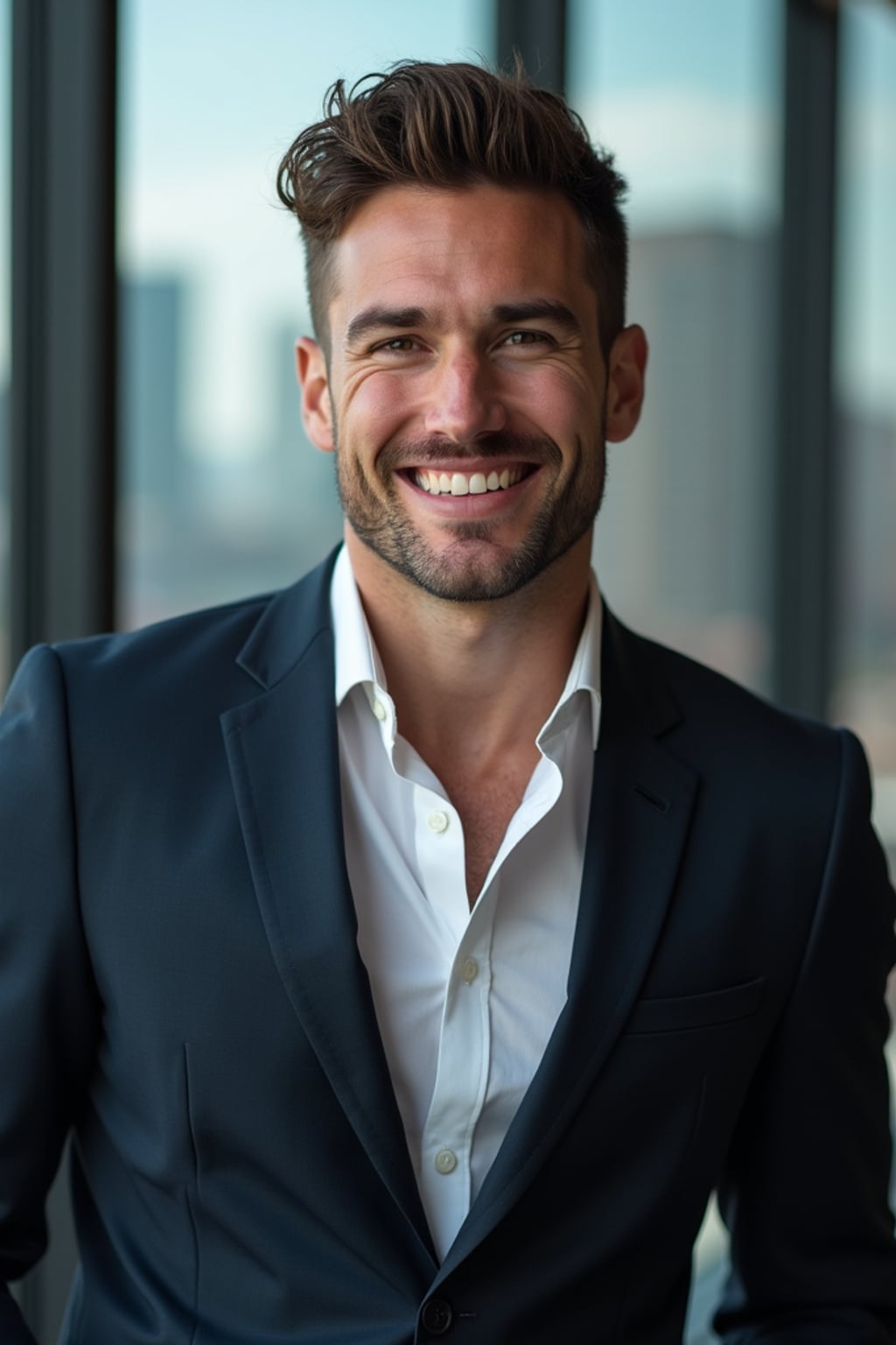 8k professional headshot of man, crisp details, studio backdrop, executive attire, confident posture, neutral expression, high-definition, corporate setting, sharp focus, ambient lighting, business professional, cityscape view