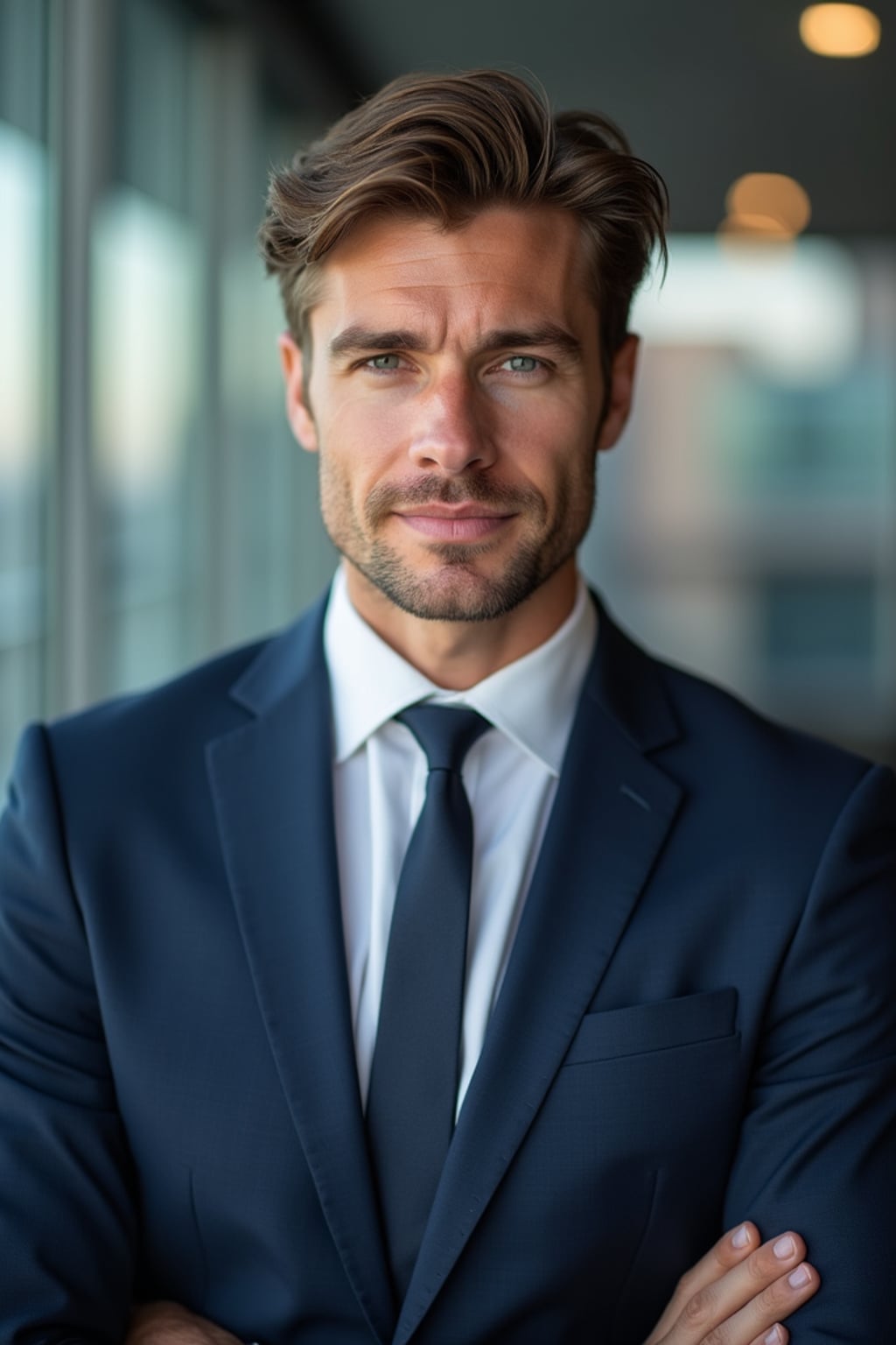 8k professional headshot of man, crisp details, studio backdrop, executive attire, confident posture, neutral expression, high-definition, corporate setting, sharp focus, ambient lighting, business professional, cityscape view
