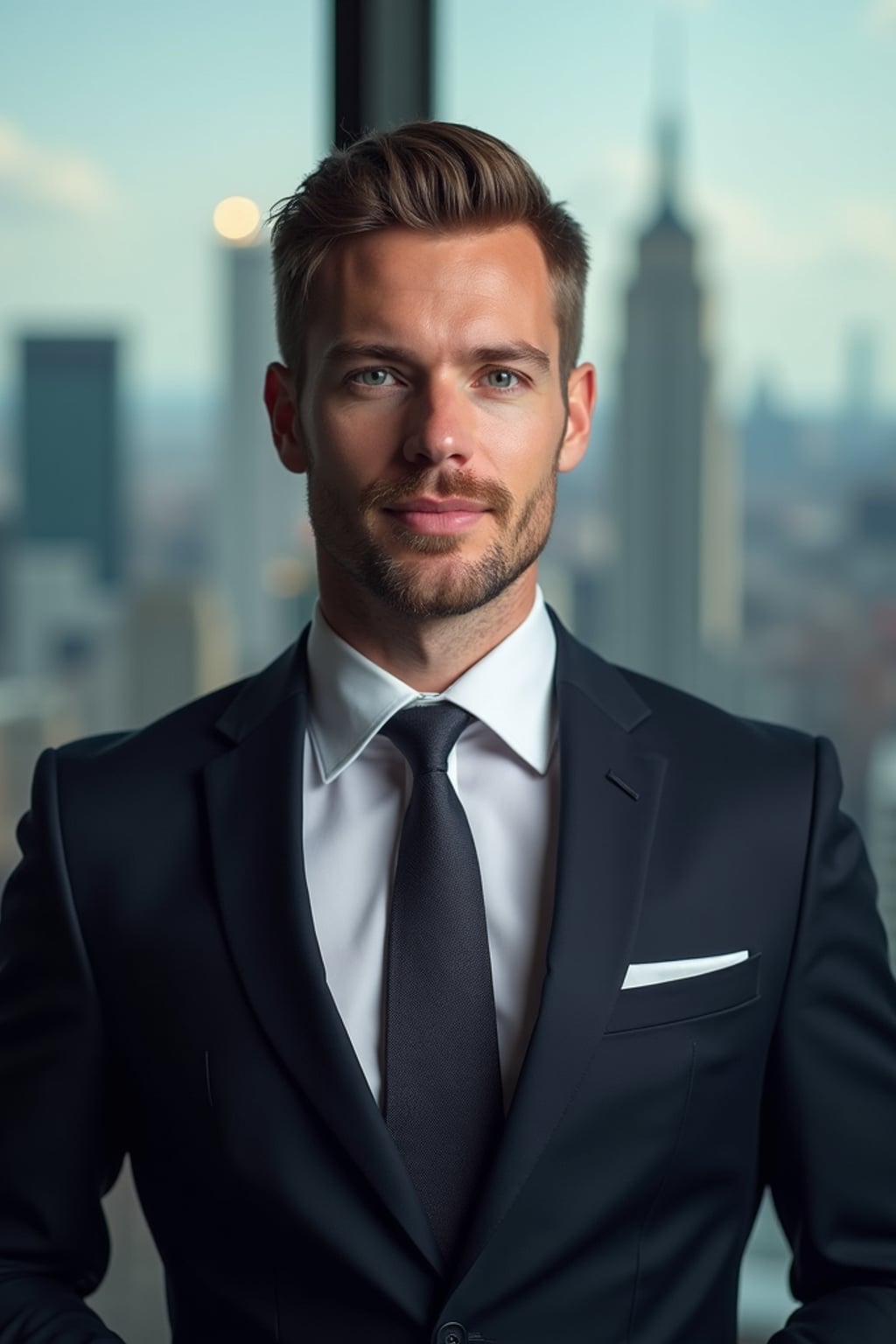 8k professional headshot of man, crisp details, studio backdrop, executive attire, confident posture, neutral expression, high-definition, corporate setting, sharp focus, ambient lighting, business professional, cityscape view