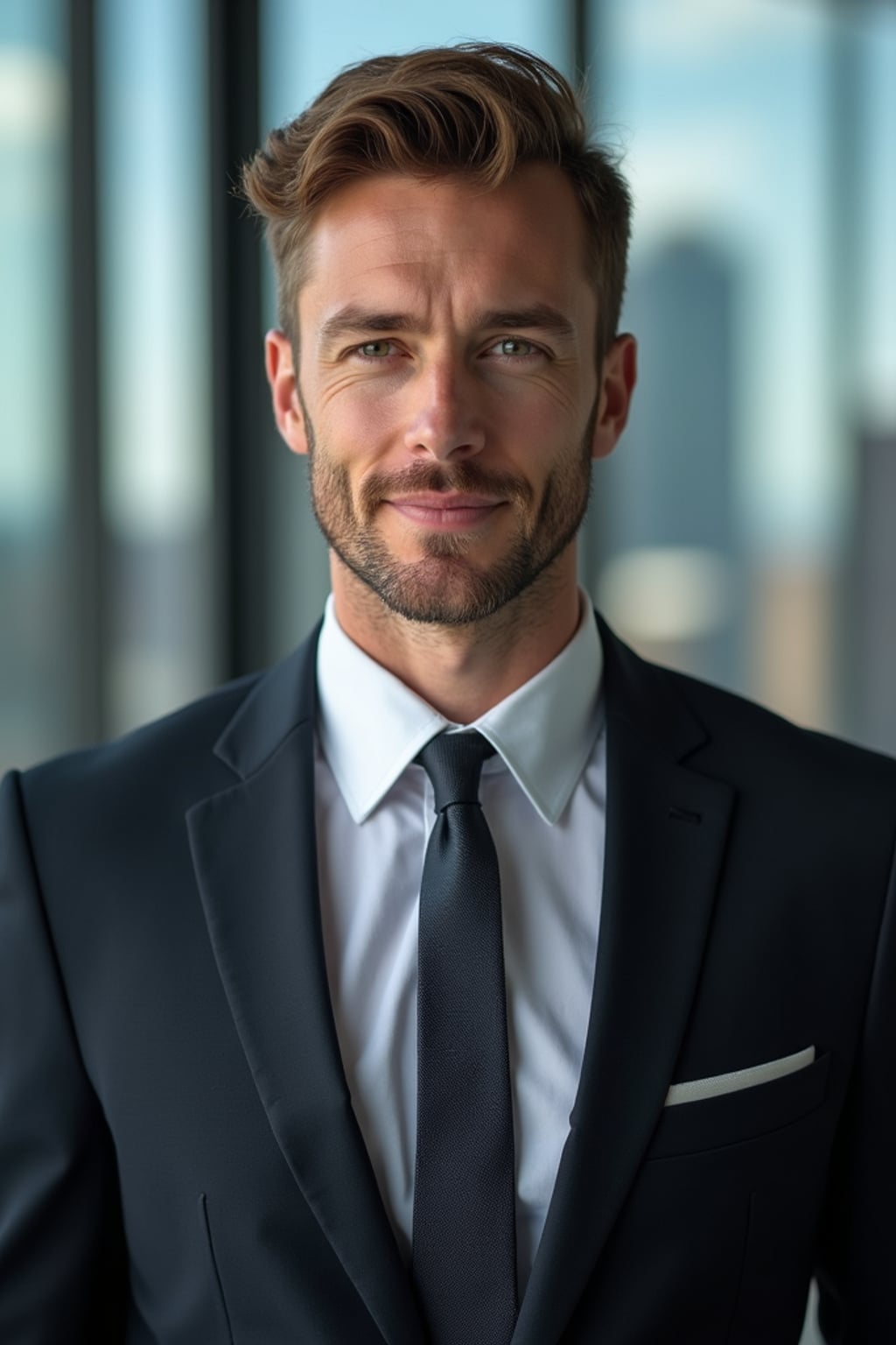 8k professional headshot of man, crisp details, studio backdrop, executive attire, confident posture, neutral expression, high-definition, corporate setting, sharp focus, ambient lighting, business professional, cityscape view