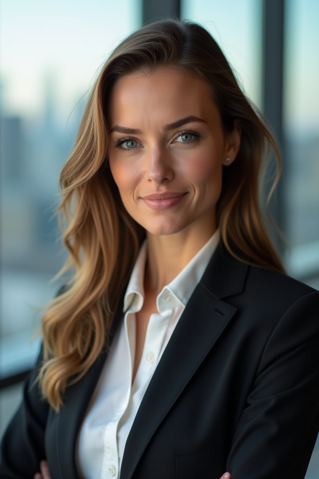 8k professional headshot of woman, crisp details, studio backdrop, executive attire, confident posture, neutral expression, high-definition, corporate setting, sharp focus, ambient lighting, business professional, cityscape view
